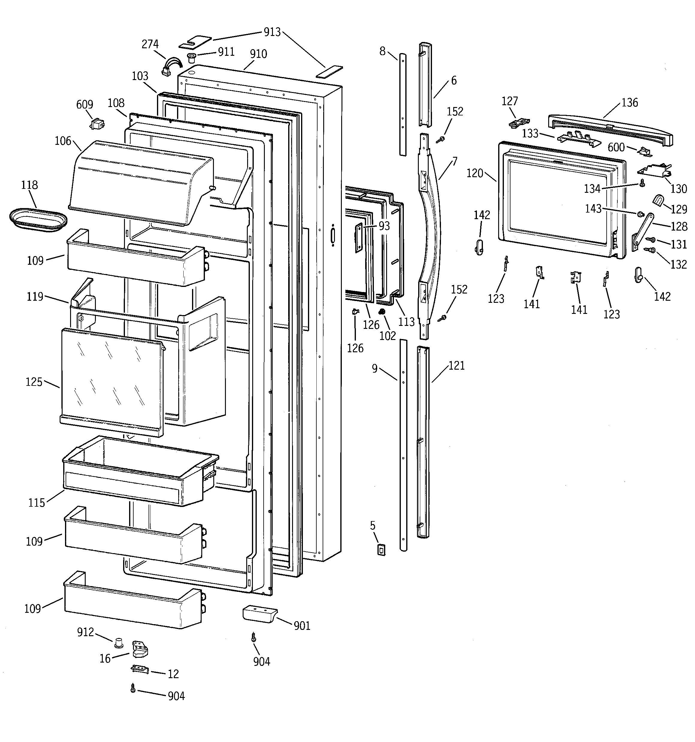 GE TFG28PFDBBB fresh food door diagram
