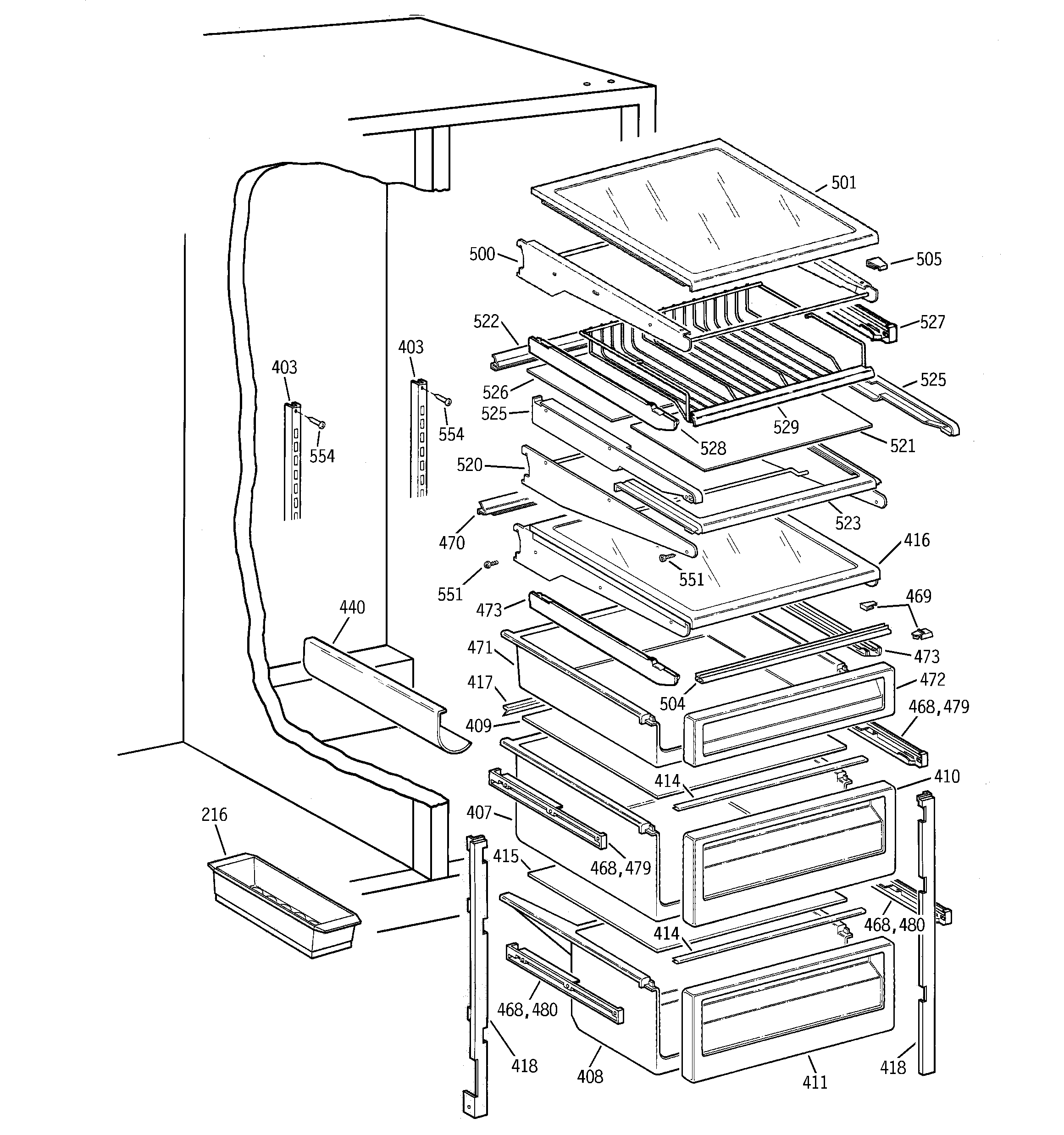 GE TFX28PPDBCC fresh food shelves diagram