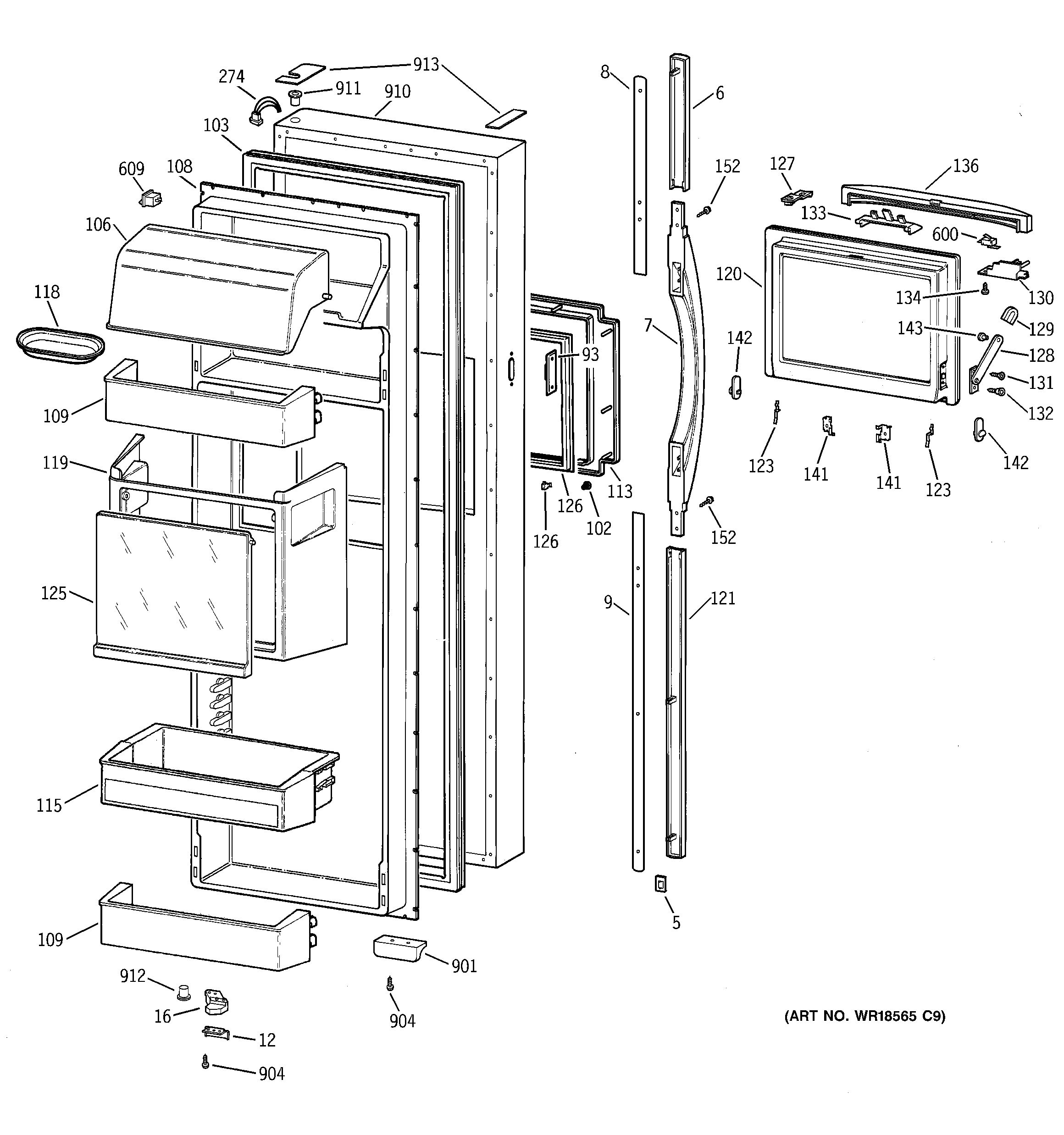 GE TFX30PBDABB fresh food door diagram