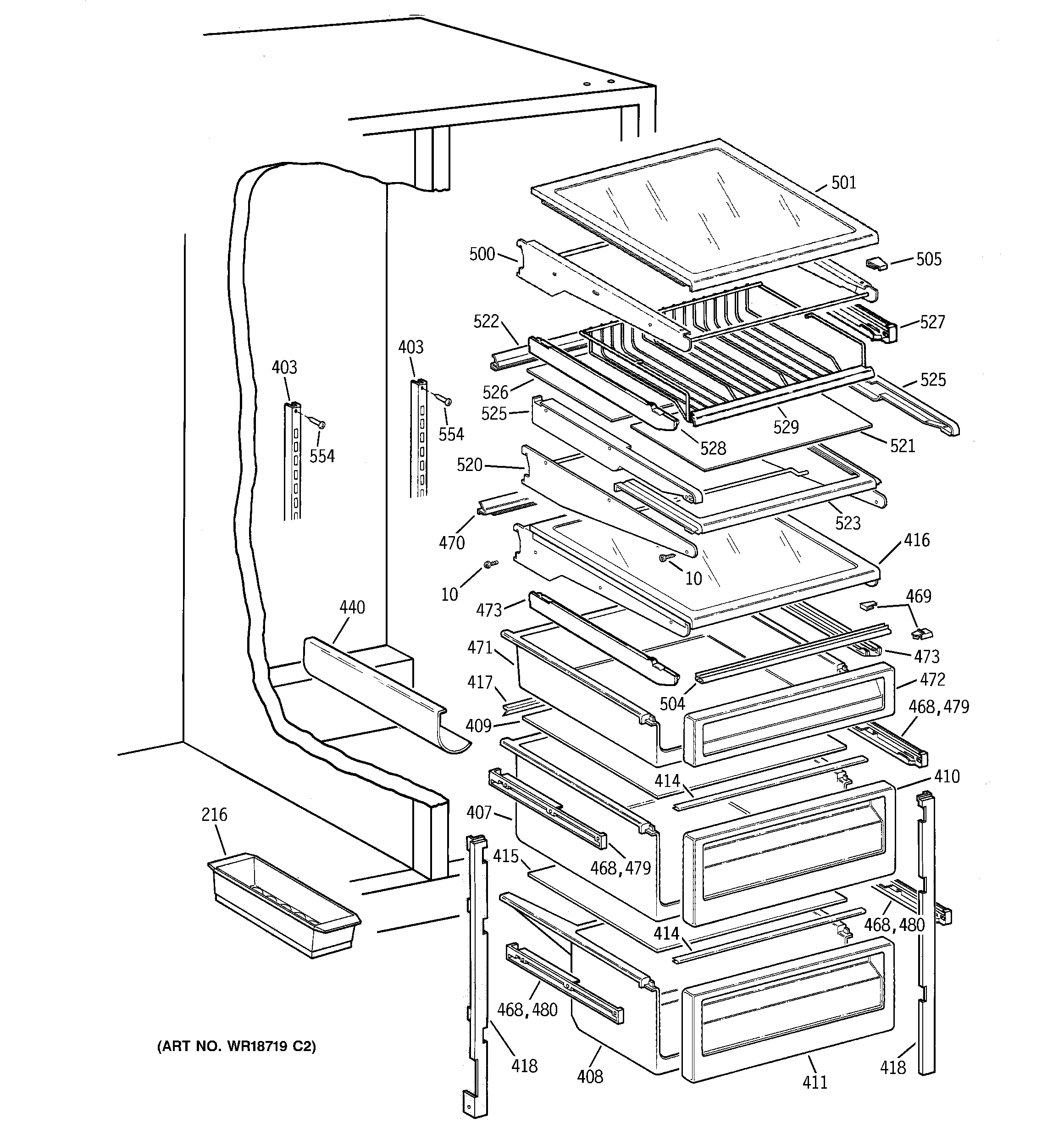 GE TFX30PBDABB fresh food shelves diagram