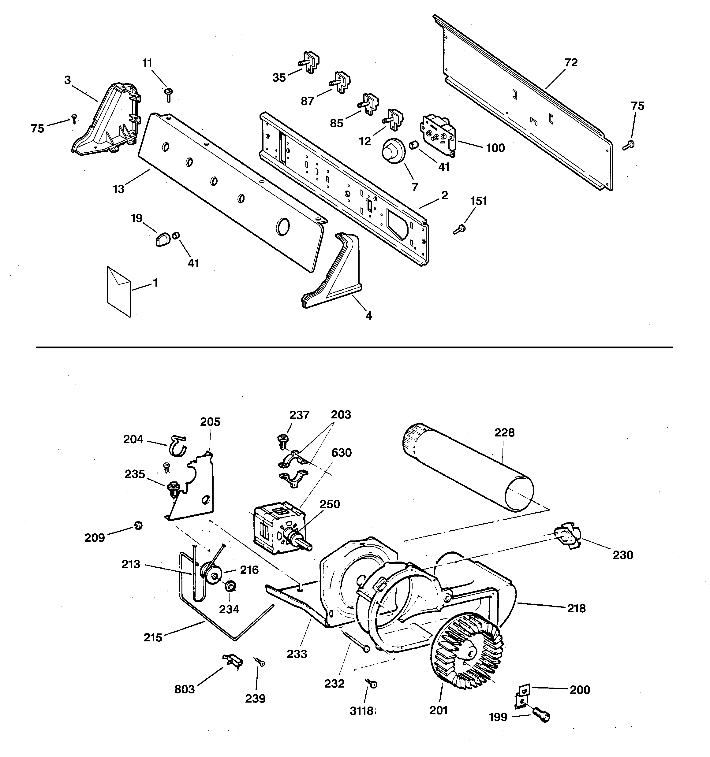 GE DPSR473GV0WW backsplash, blower and drive assemb diagram