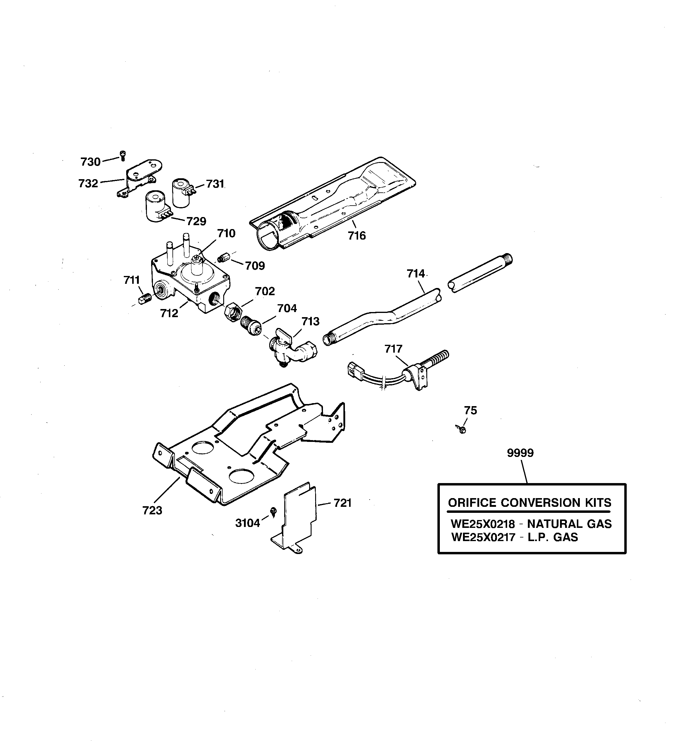 GE DPSR473GV0WW gas valve & burner assembly diagram