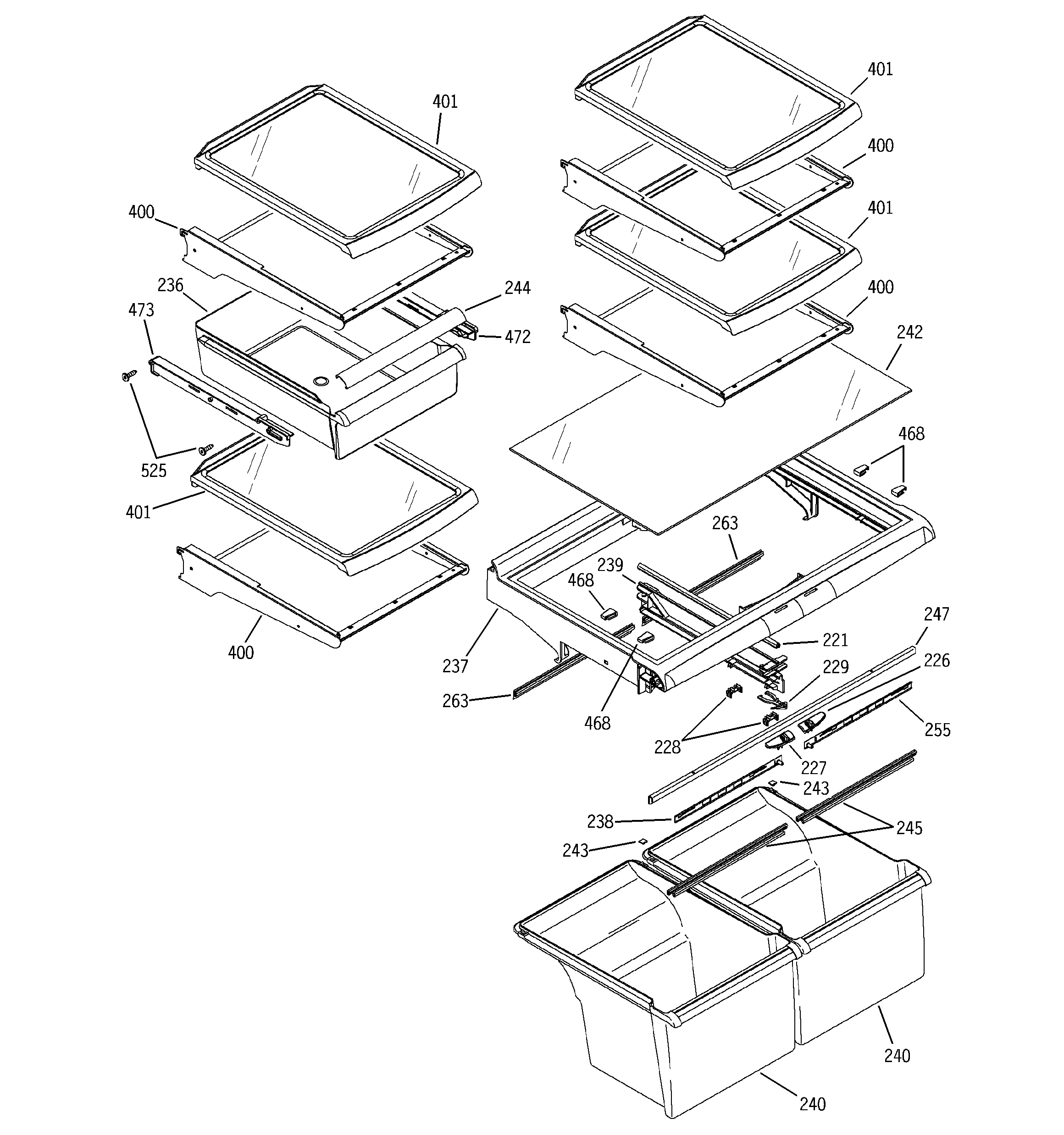 GE GTS22WCMBRBB fresh food shelves diagram