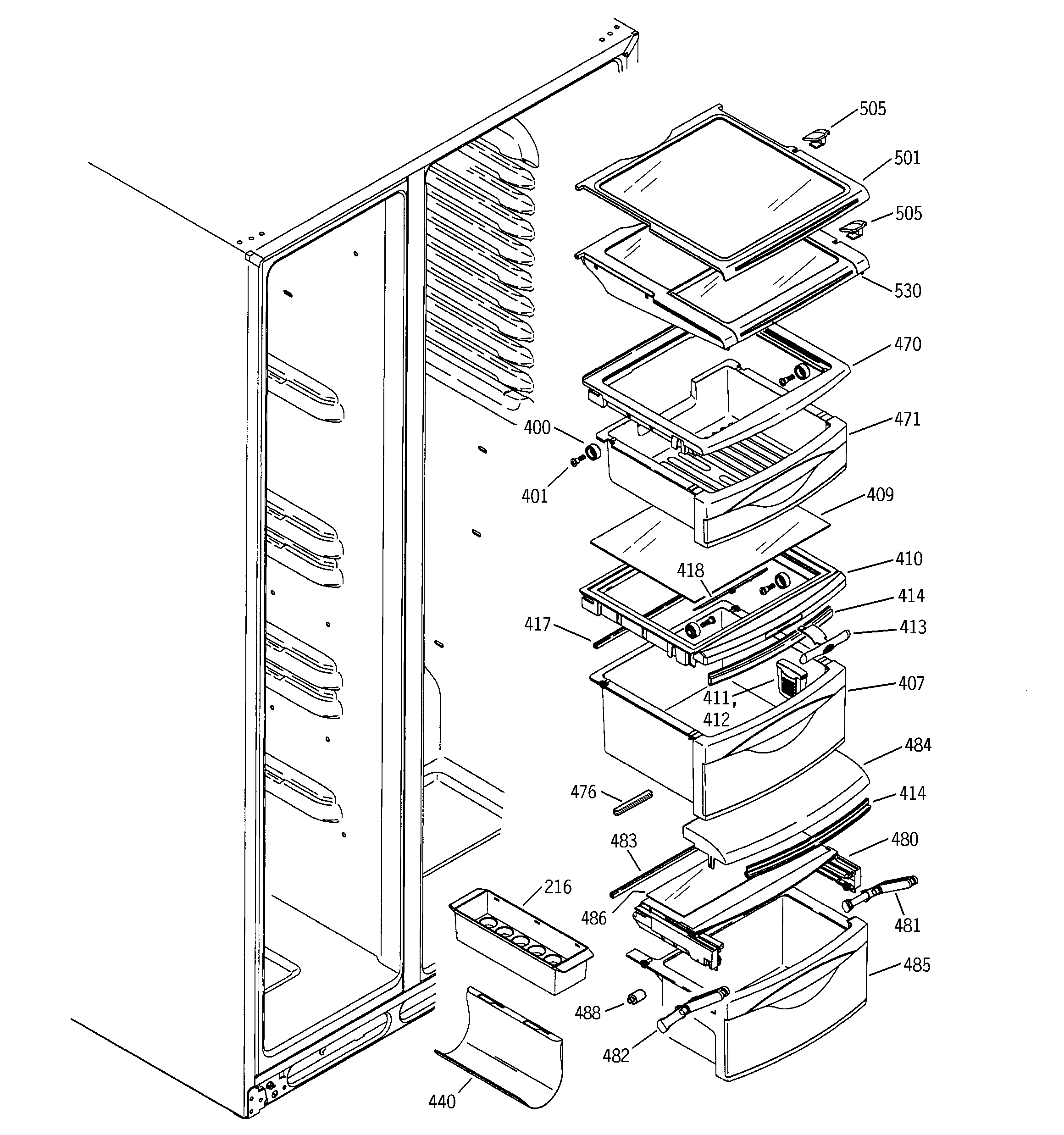 GE PSI23SCMAFBS fresh food shelves diagram