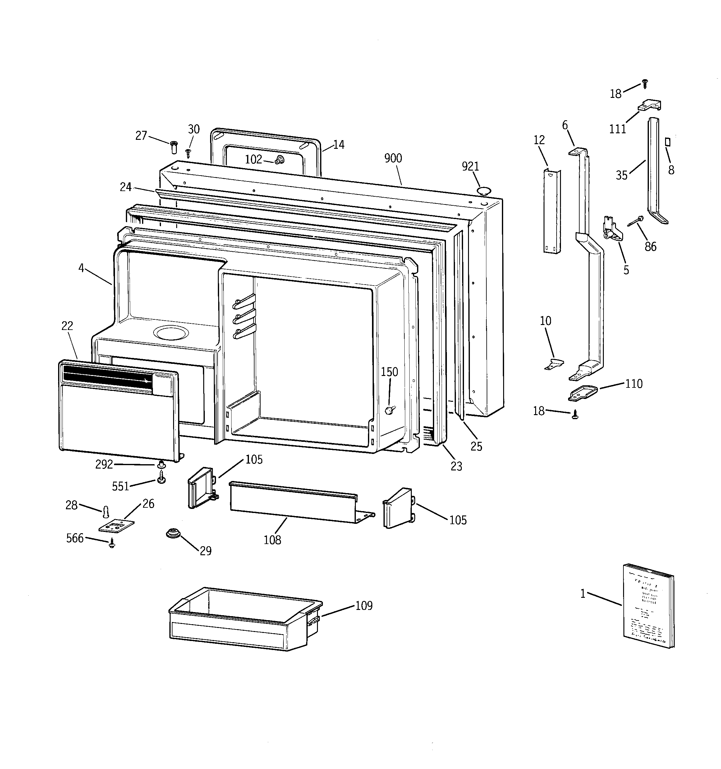 GE TBE25PCSLLAA freezer door diagram