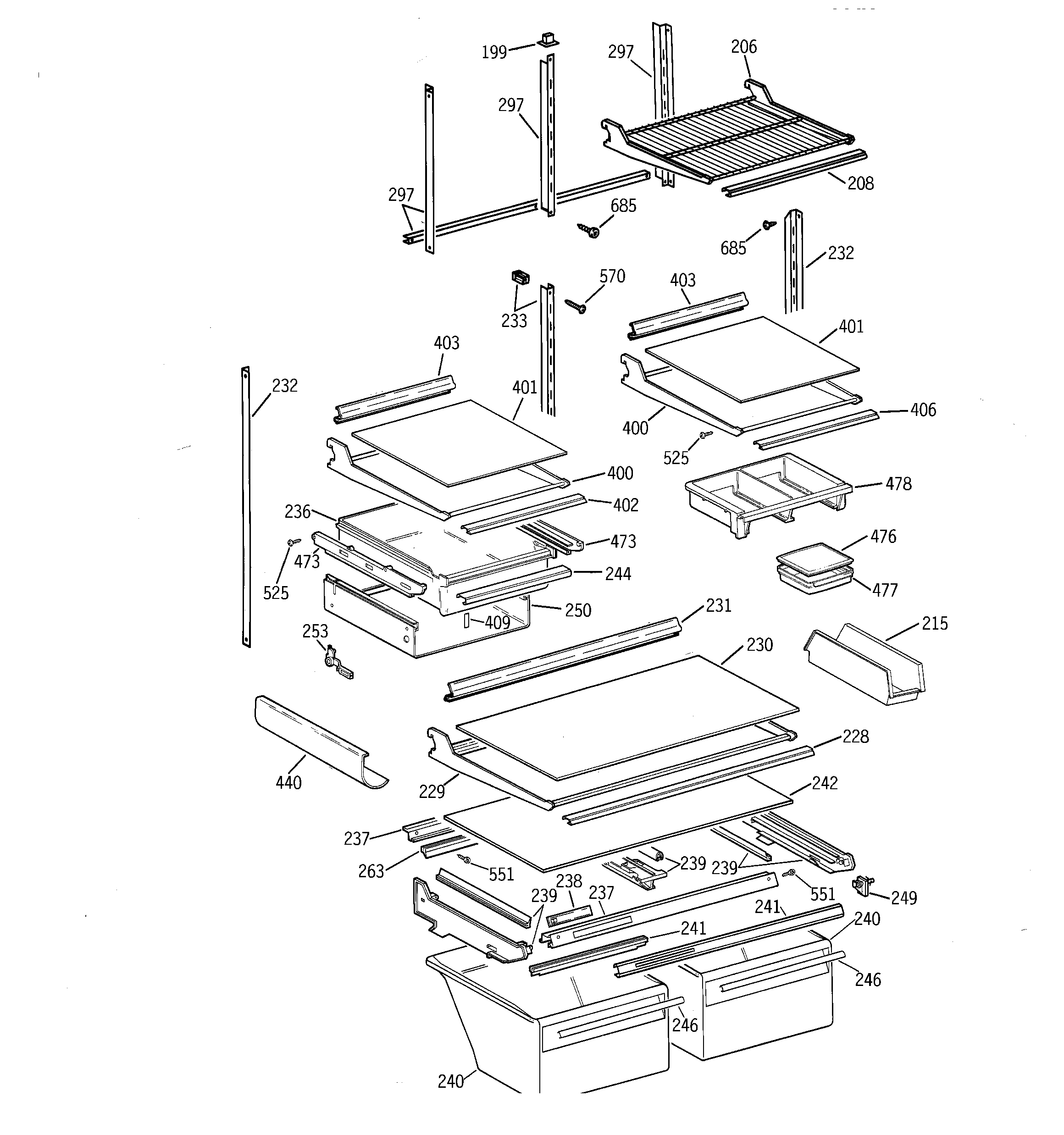 GE TBE25PCSLLAA shelf parts diagram