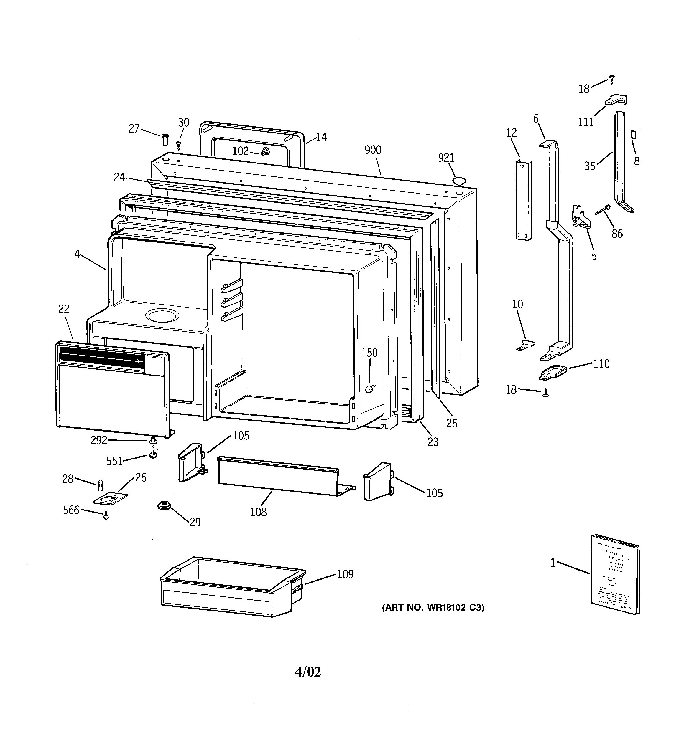 GE TBX22PCSELWW freezer door diagram