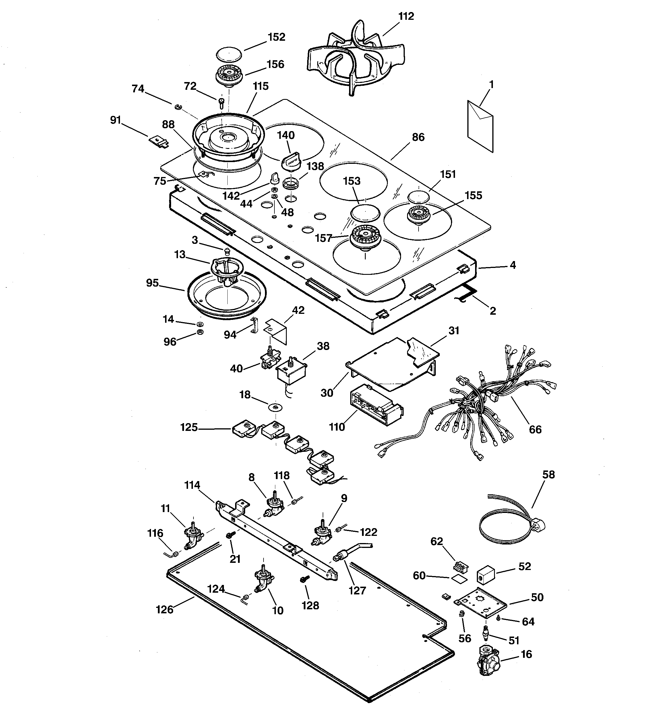 GE JGP656BB1BB controls, cooktop & burner diagram