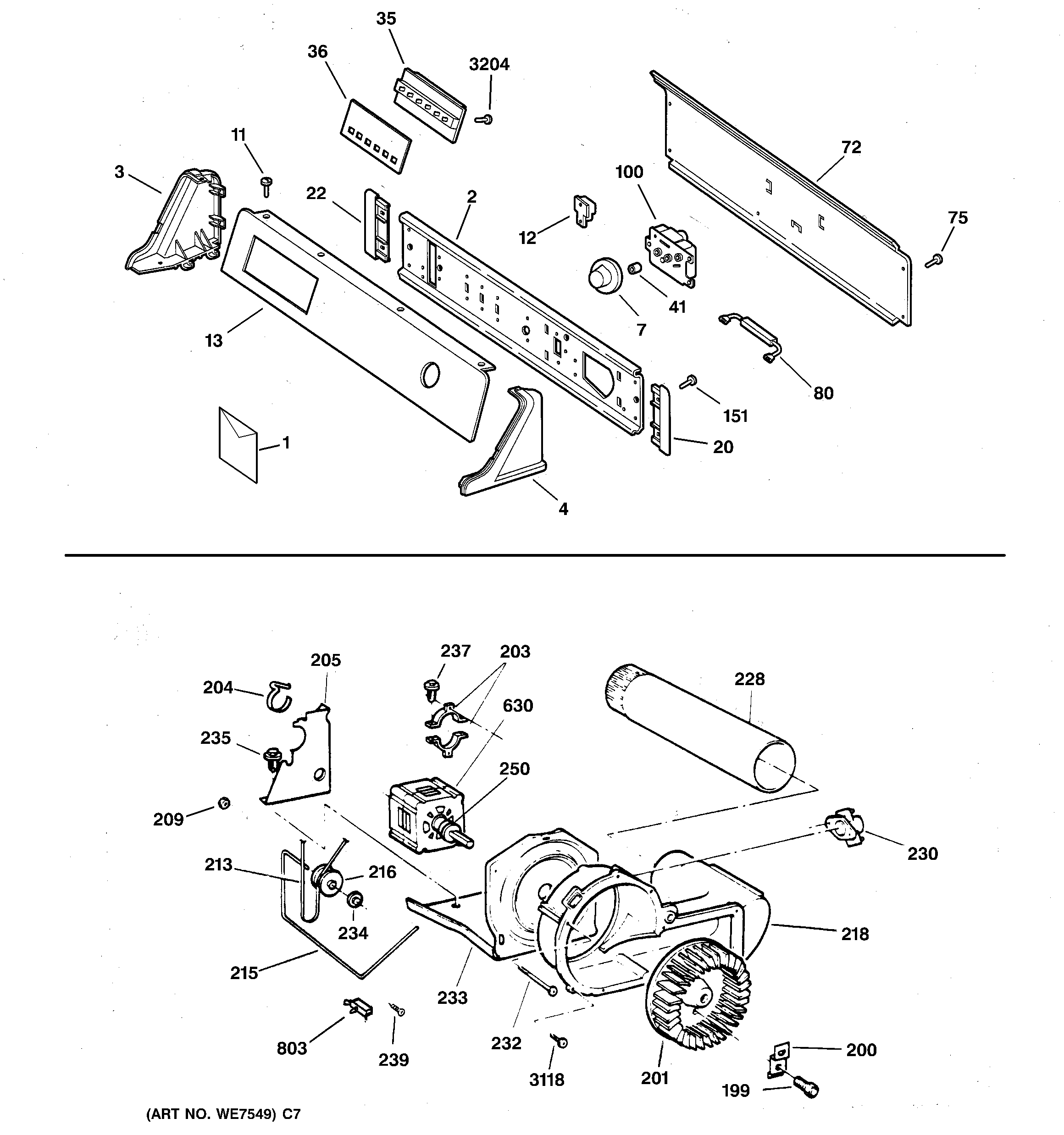 GE DPXQ473ET6AA backsplash, blower & motor assembly diagram