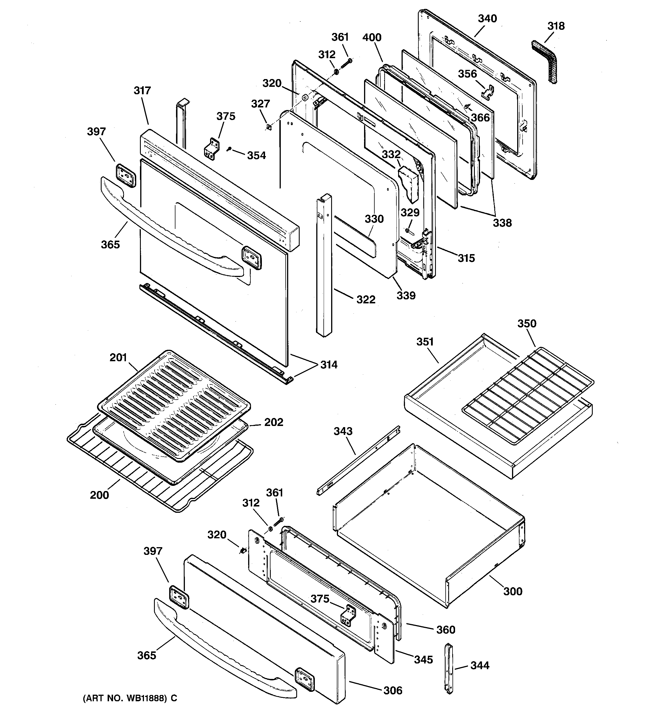 GE JGB920SEC3SS door & drawer parts diagram