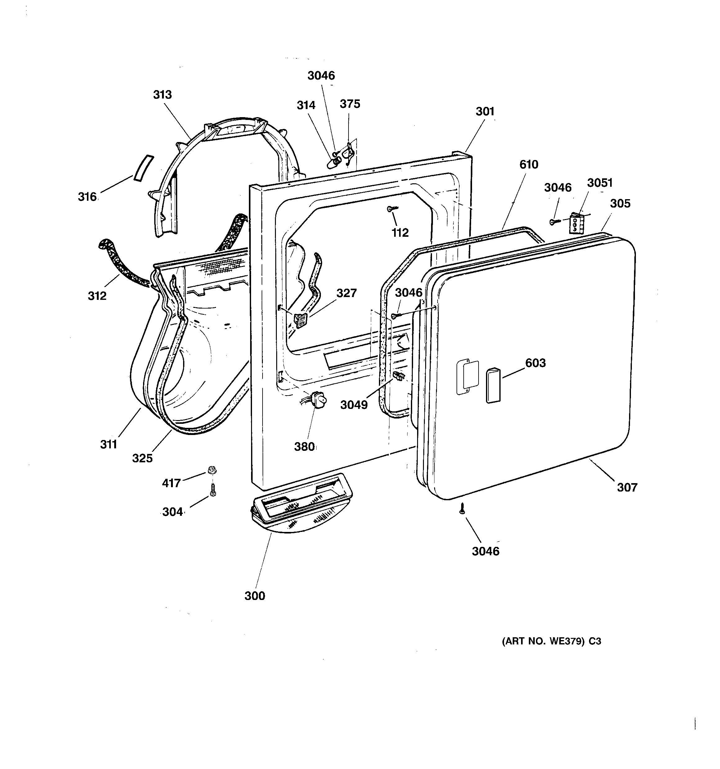 GE DPXQ473GT6WW front panel & door diagram