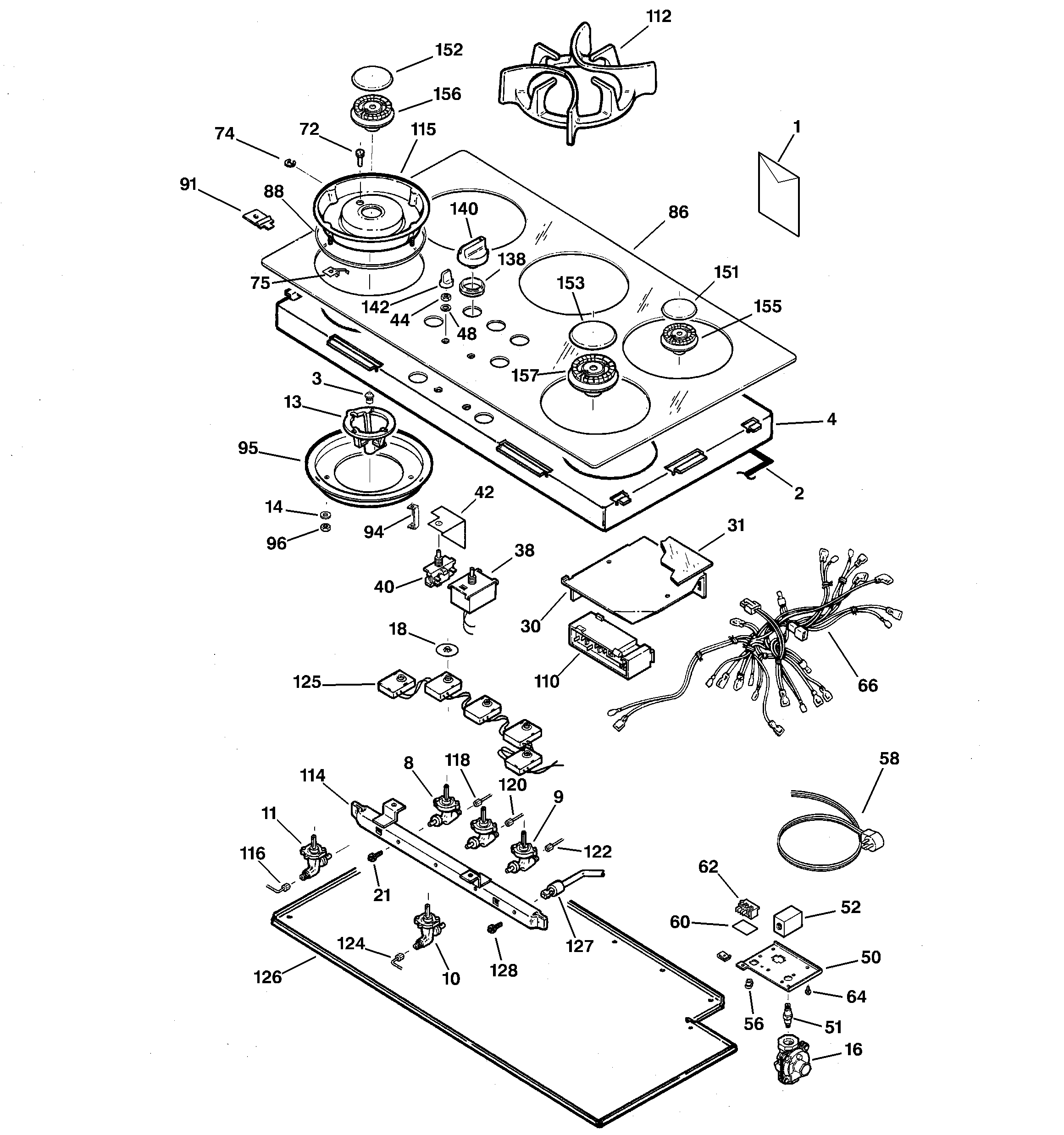 GE ZGU365DBB1BG controls, cooktop & burner diagram
