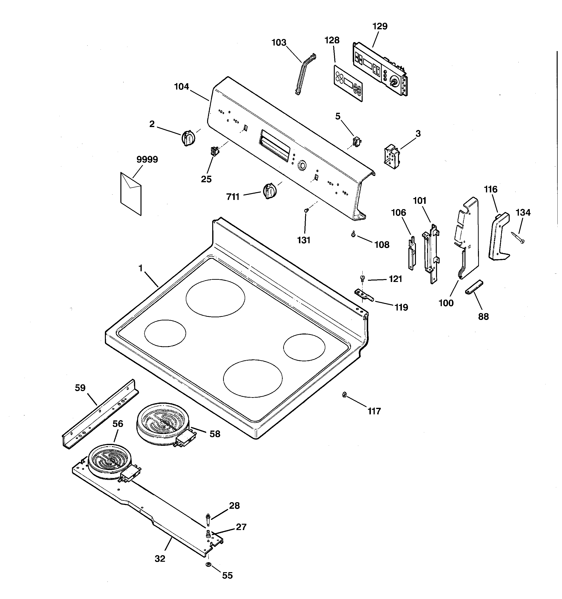 Hotpoint RB787WC3WW control panel & cooktop diagram