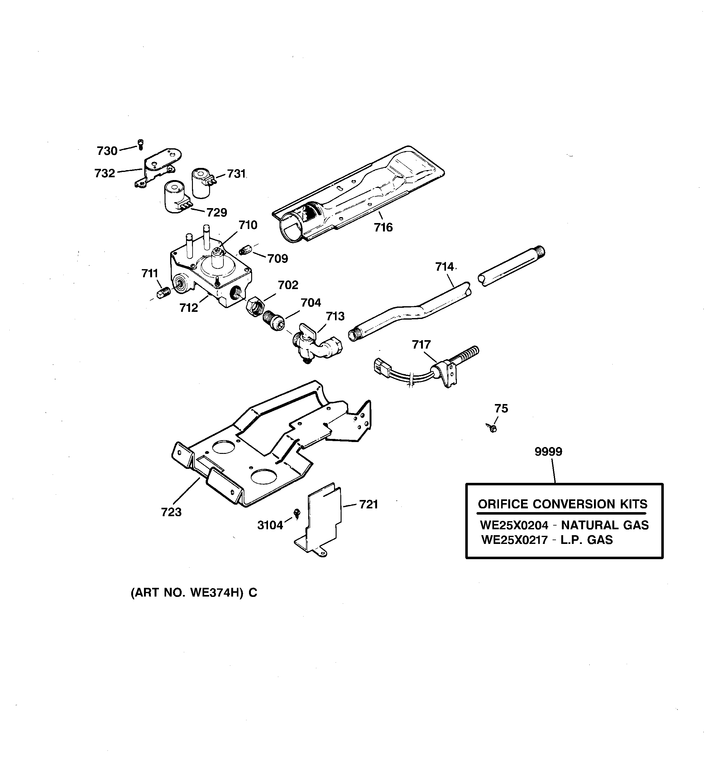 Hotpoint NWXR473GT5AB gas valve & burner assembly diagram