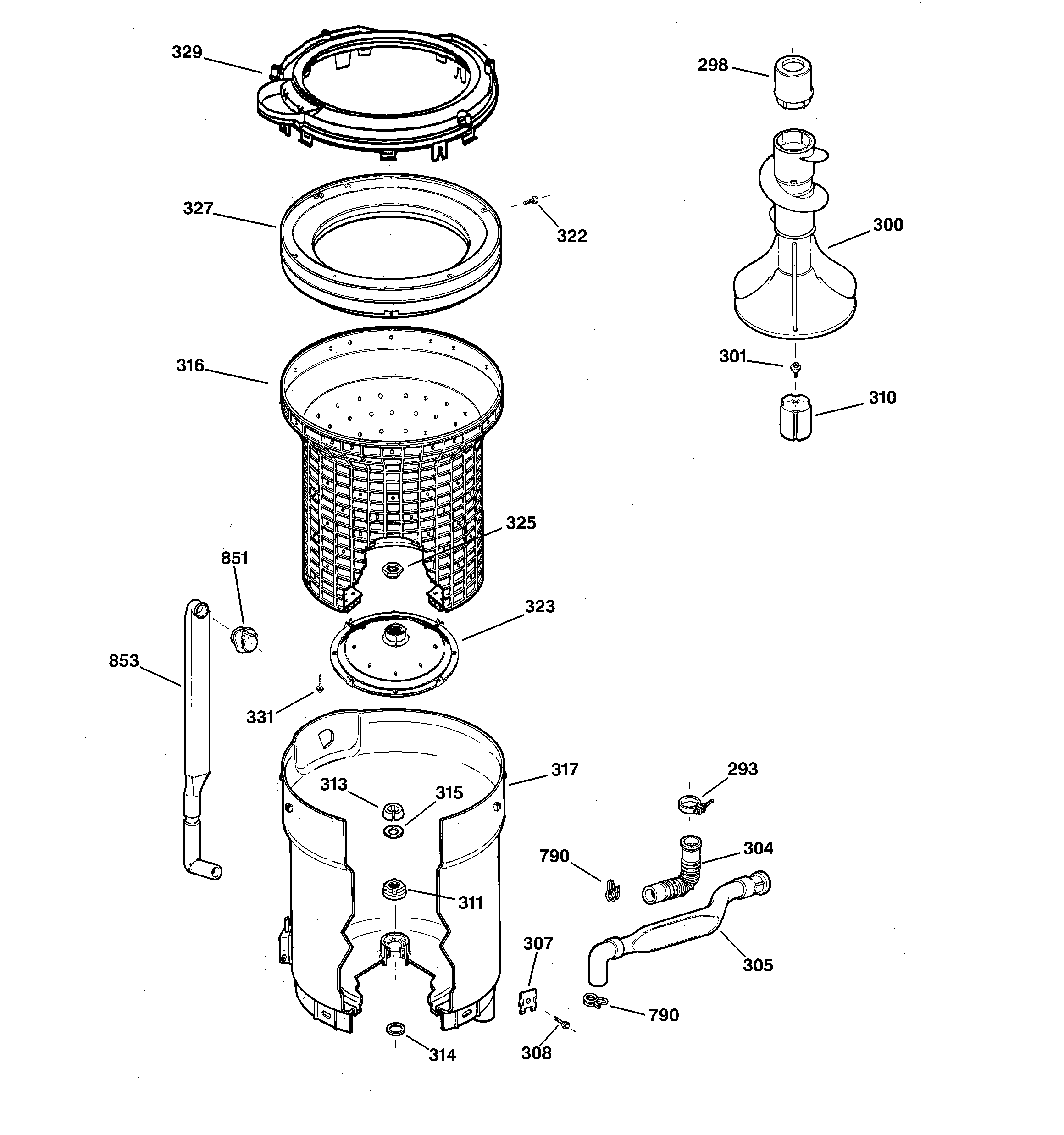GE WKSE6280B1WW tub, basket & agitator diagram