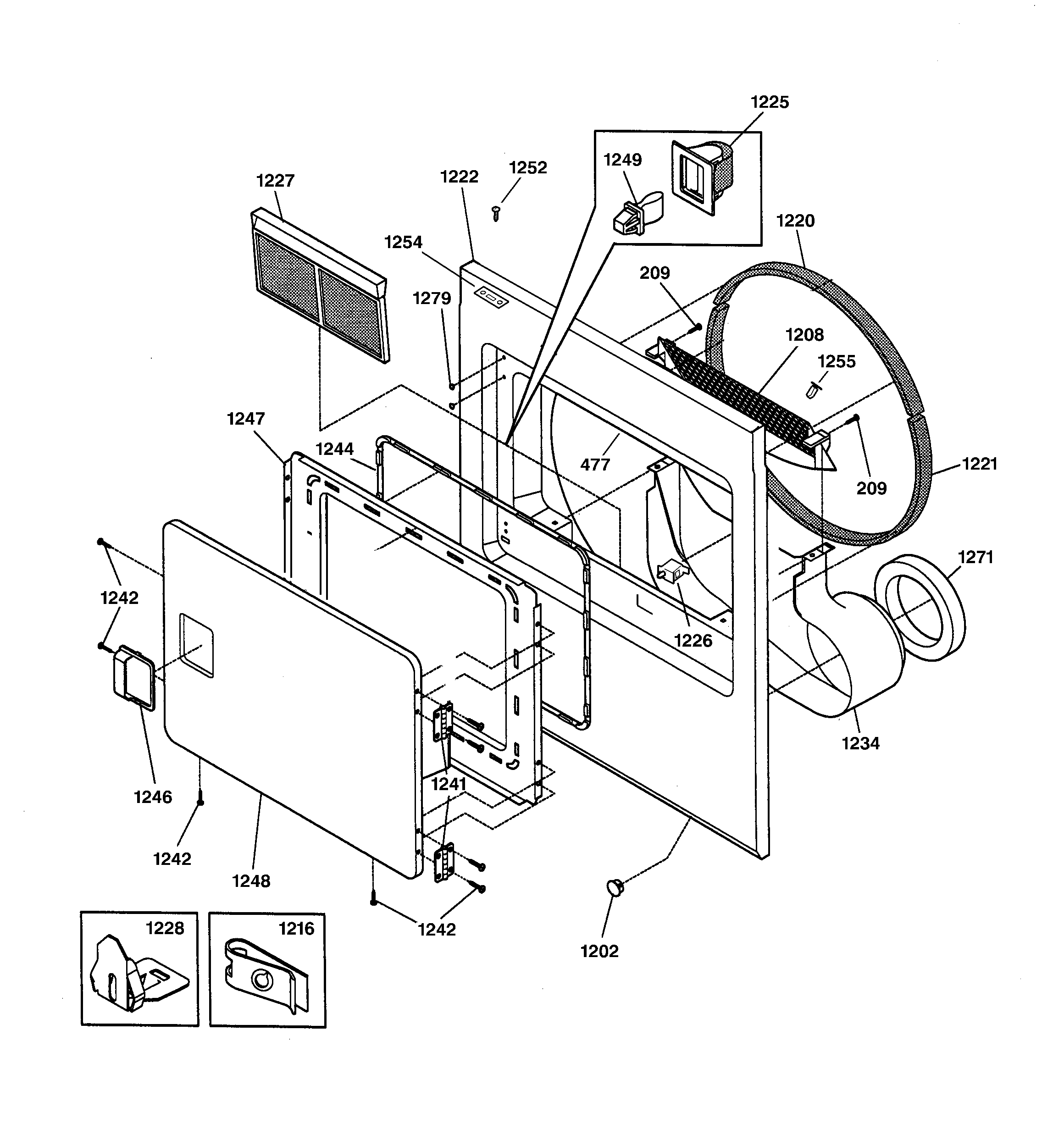 GE DCD330GB0KC front panel & lint filter diagram