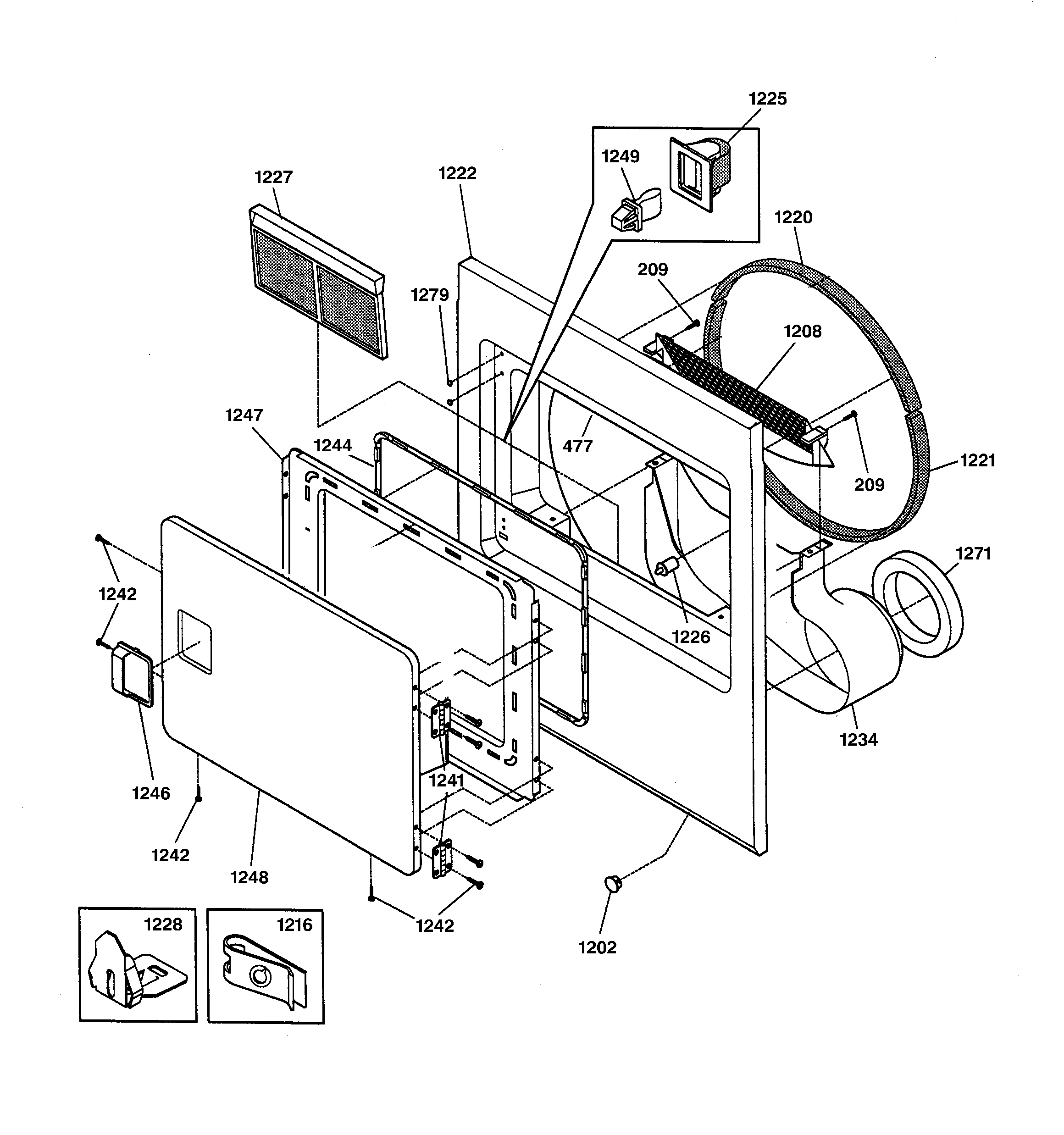 GE DVL223EB0WW front panel & lint filter diagram
