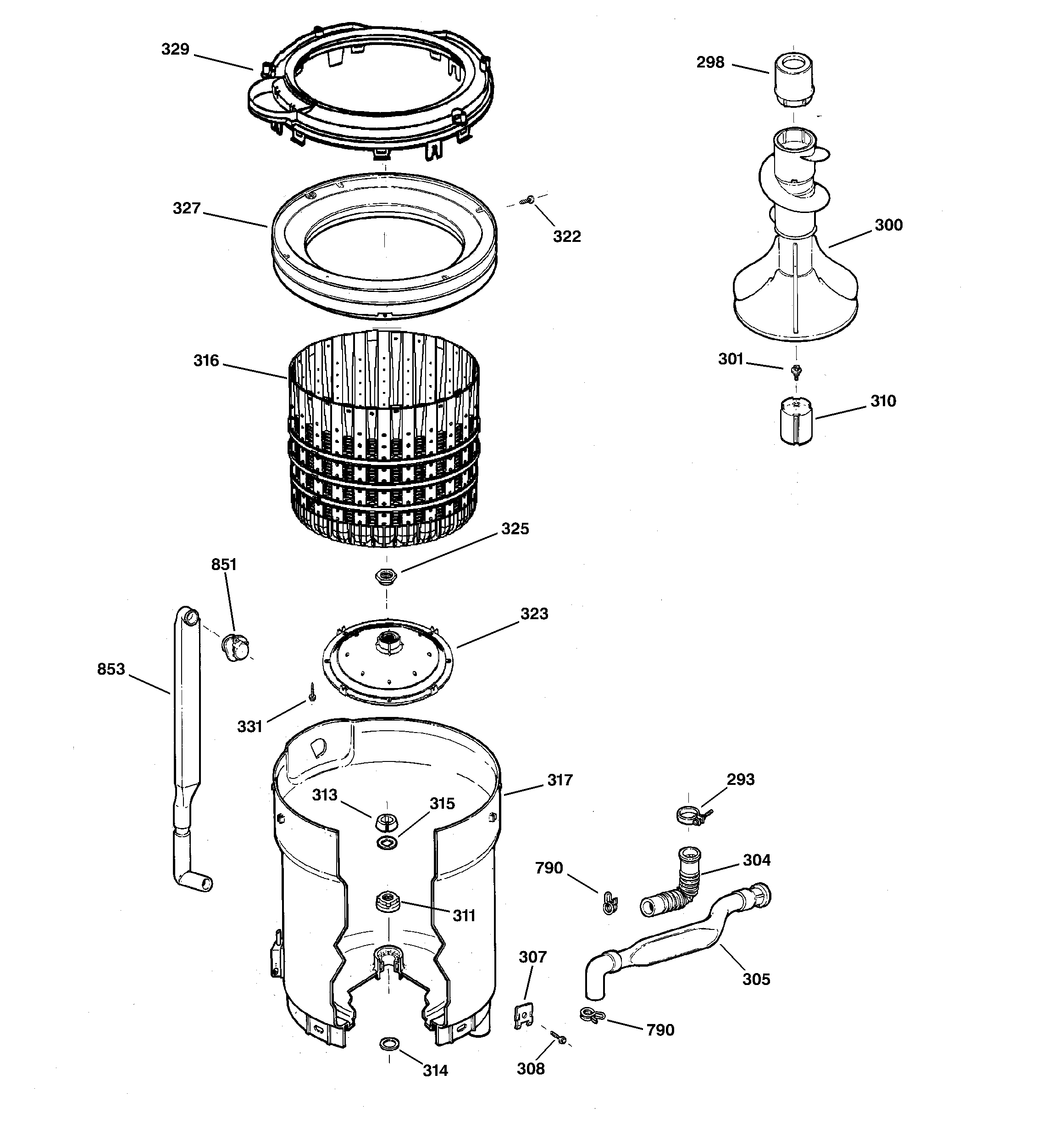 GE WPSB9120B0WW tub, basket & agitator diagram