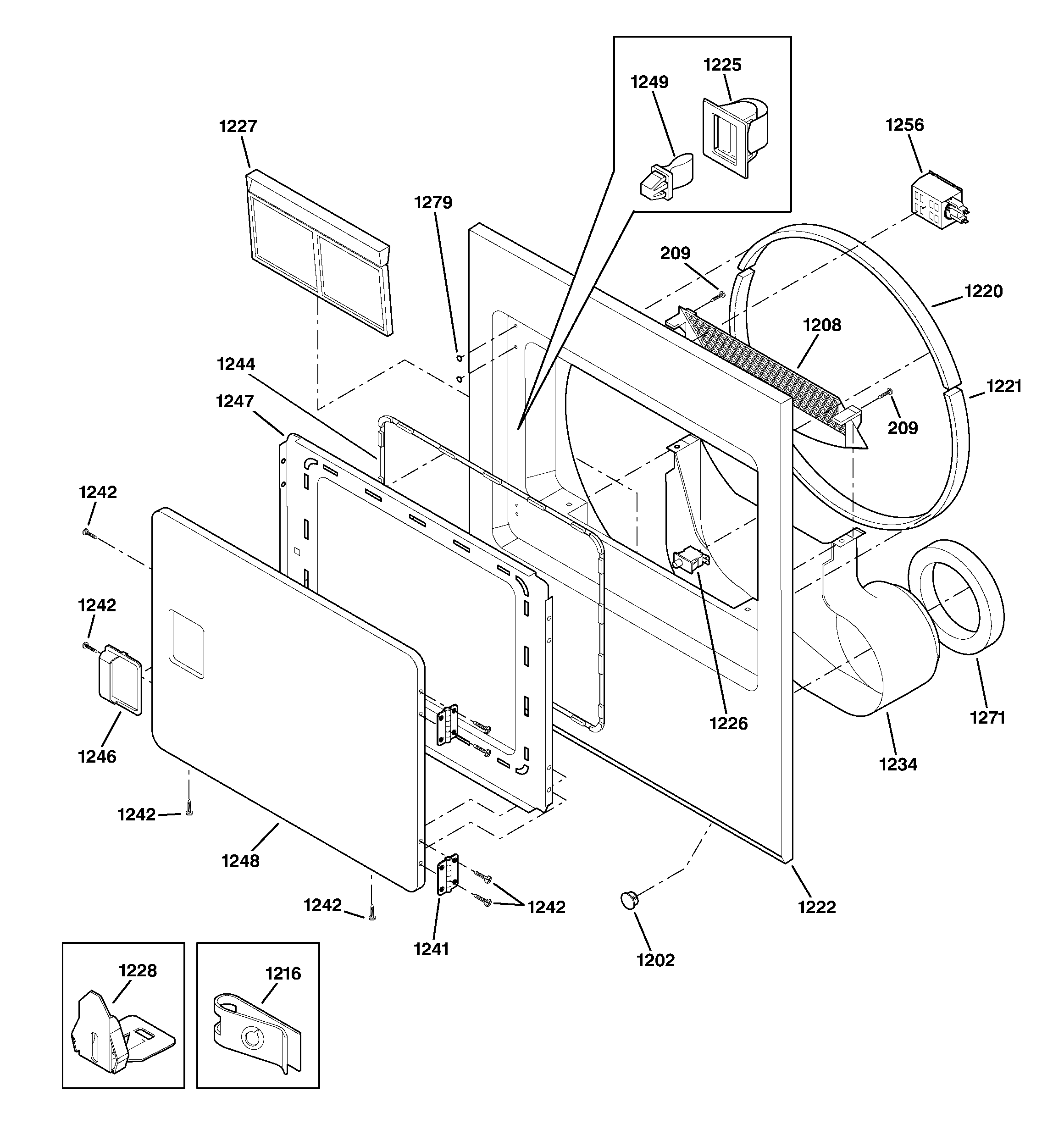 GE DR4500GA0WW front panel & lint filter diagram