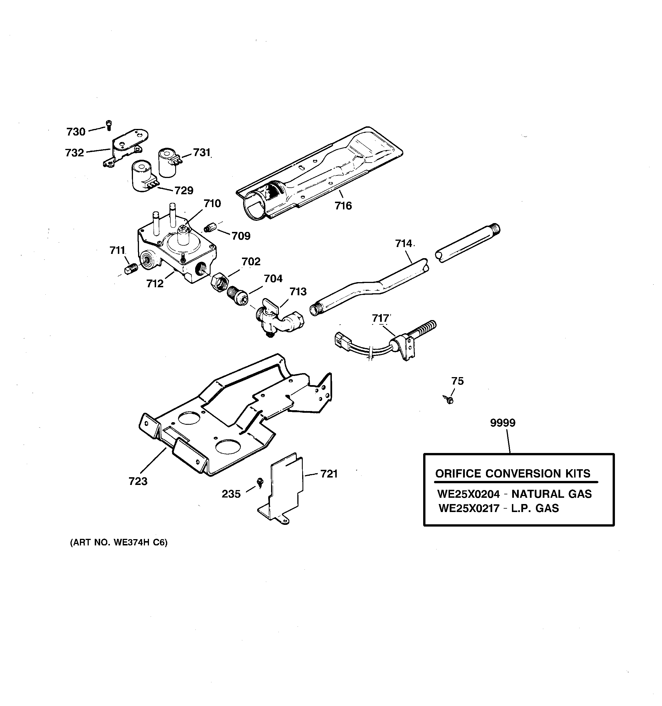 GE DBXR463GB0CC gas valve & burner assembly diagram