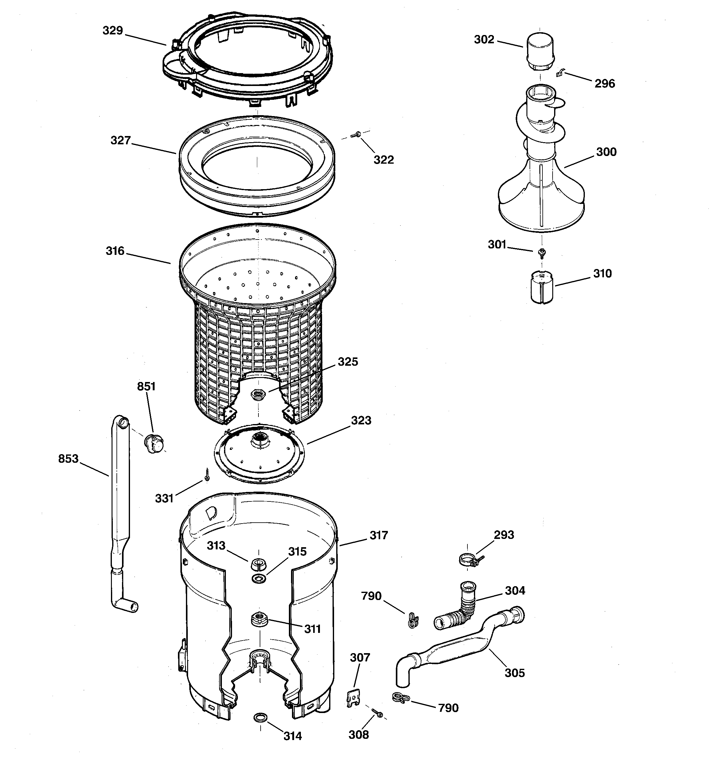 GE WLCD2050B0KC tub, basket & agitator diagram