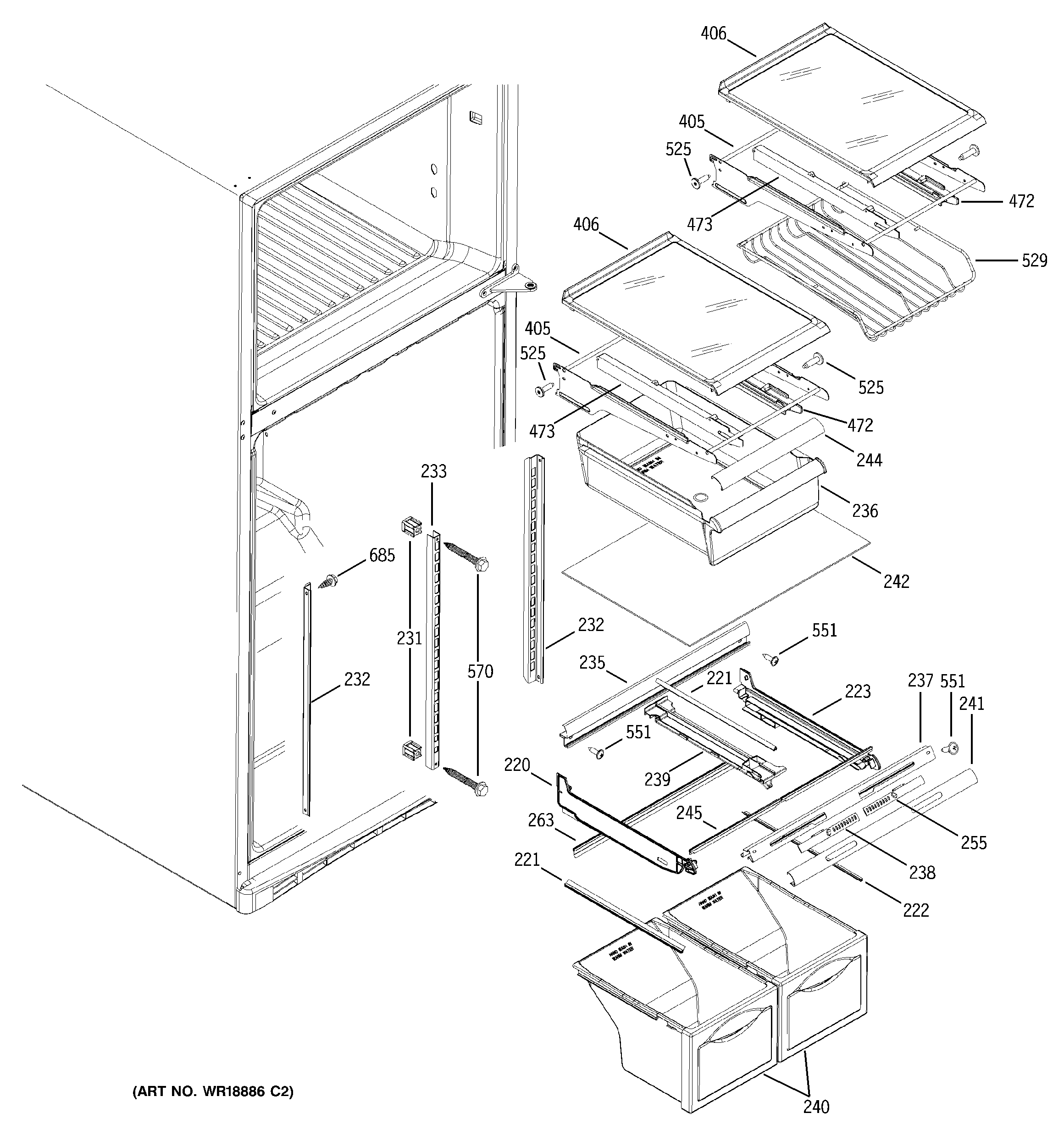 GE ETS19XBMCRWW fresh food shelves diagram