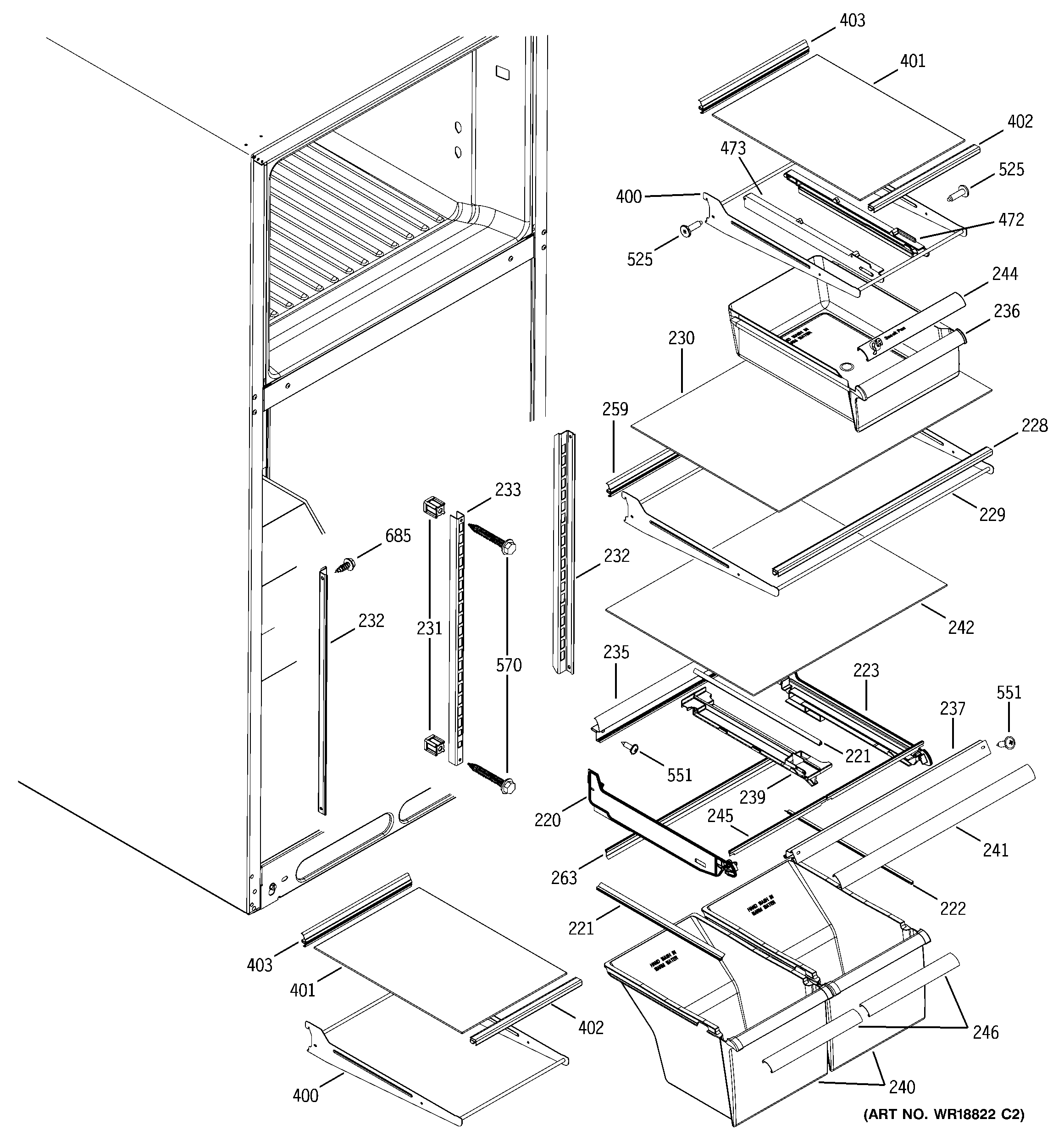GE GTS18ICMCRWW fresh food shelves diagram