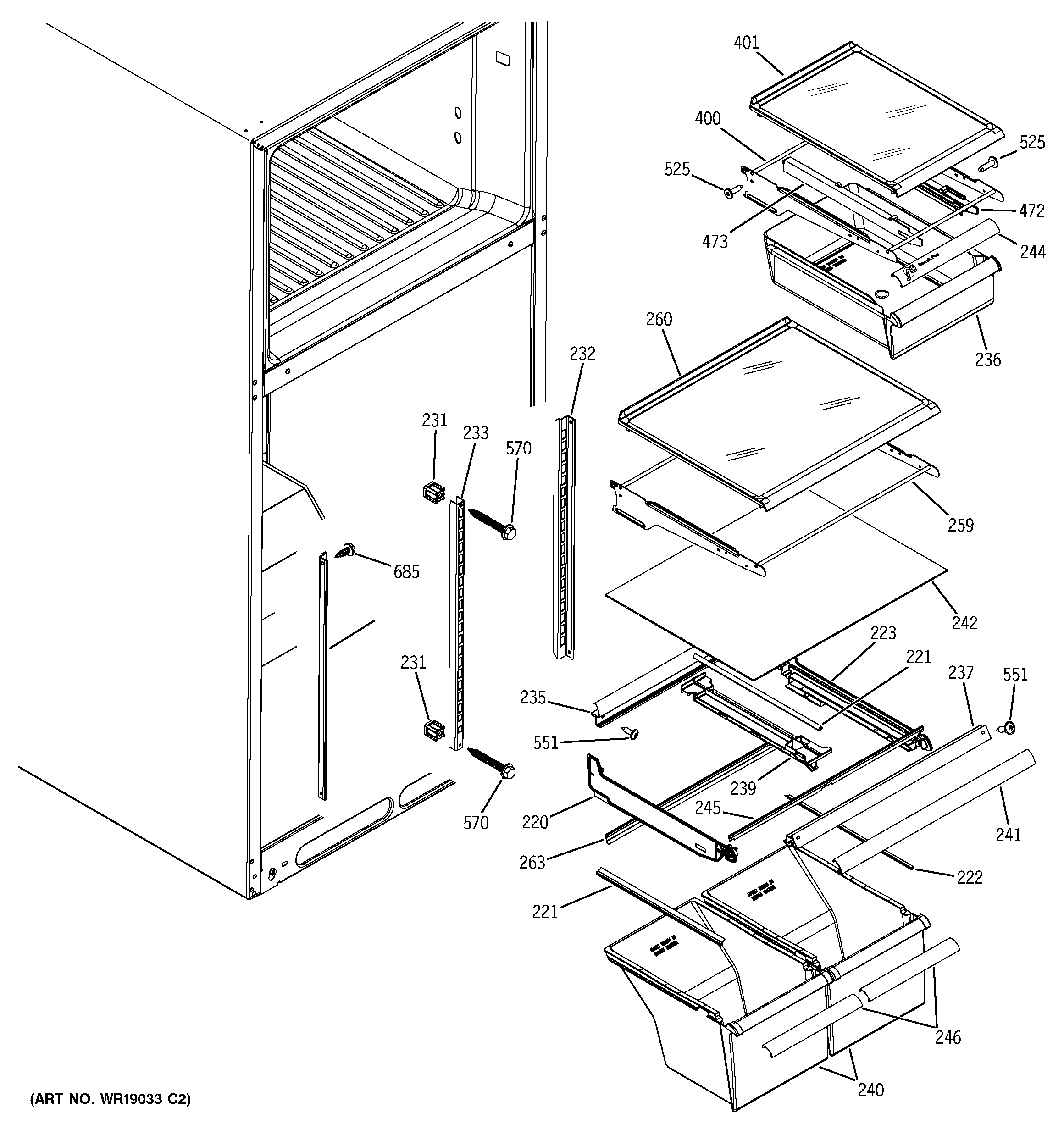 GE STS18ICMCRWW fresh food shelves diagram