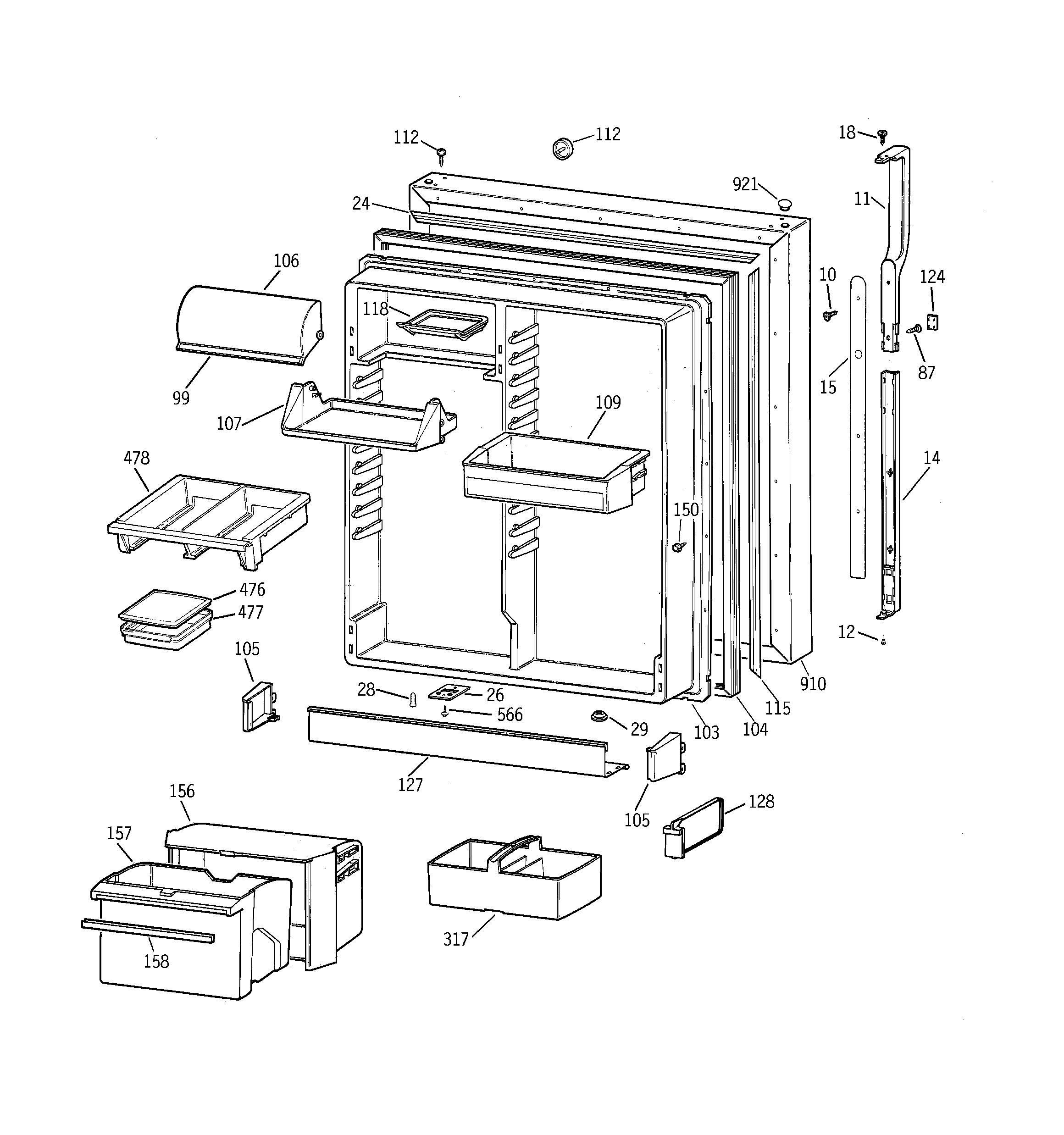 GE TBX25PABRRWW fresh food door diagram