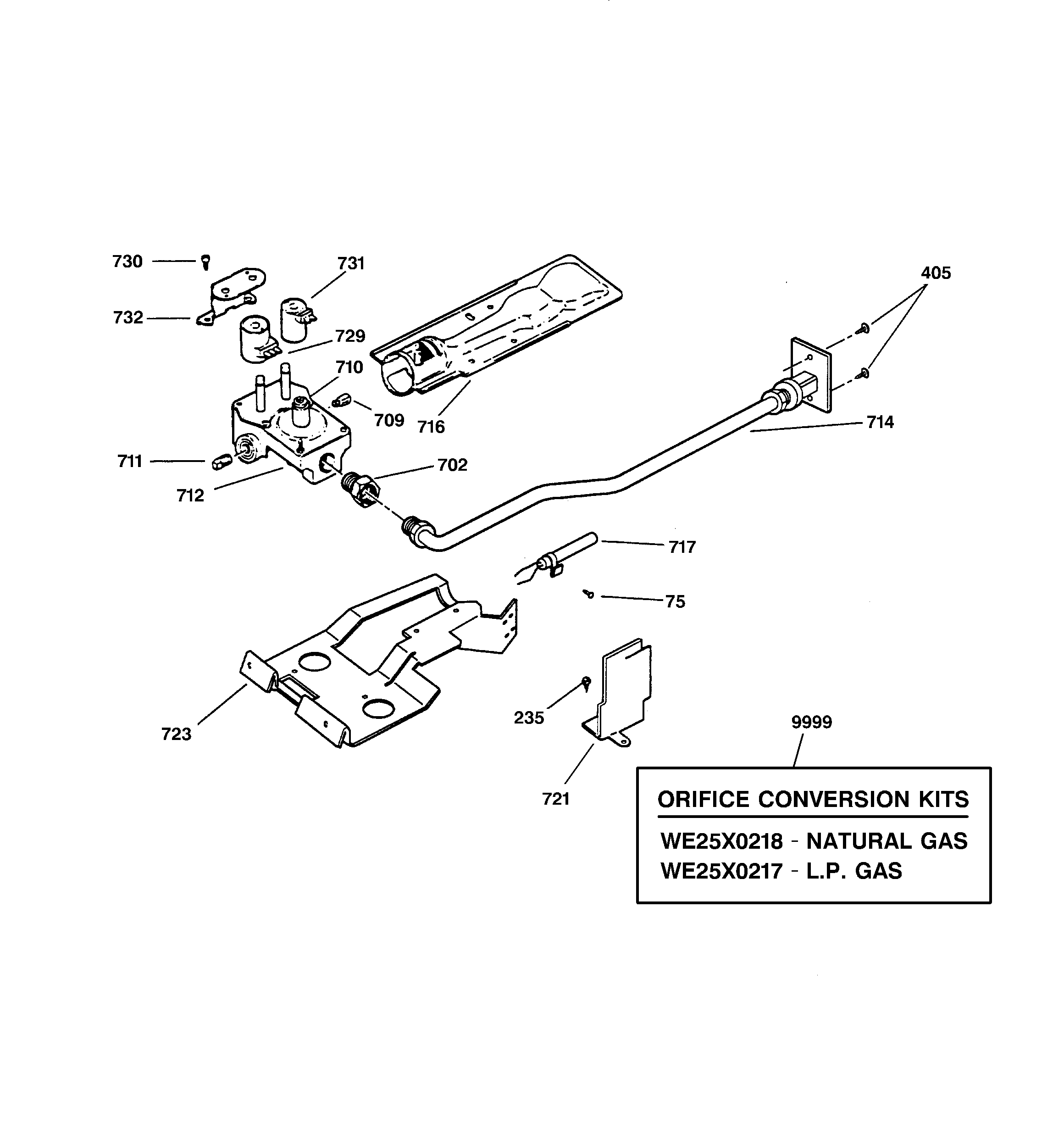 GE DBSR453GA1AA gas valve & burner assembly diagram