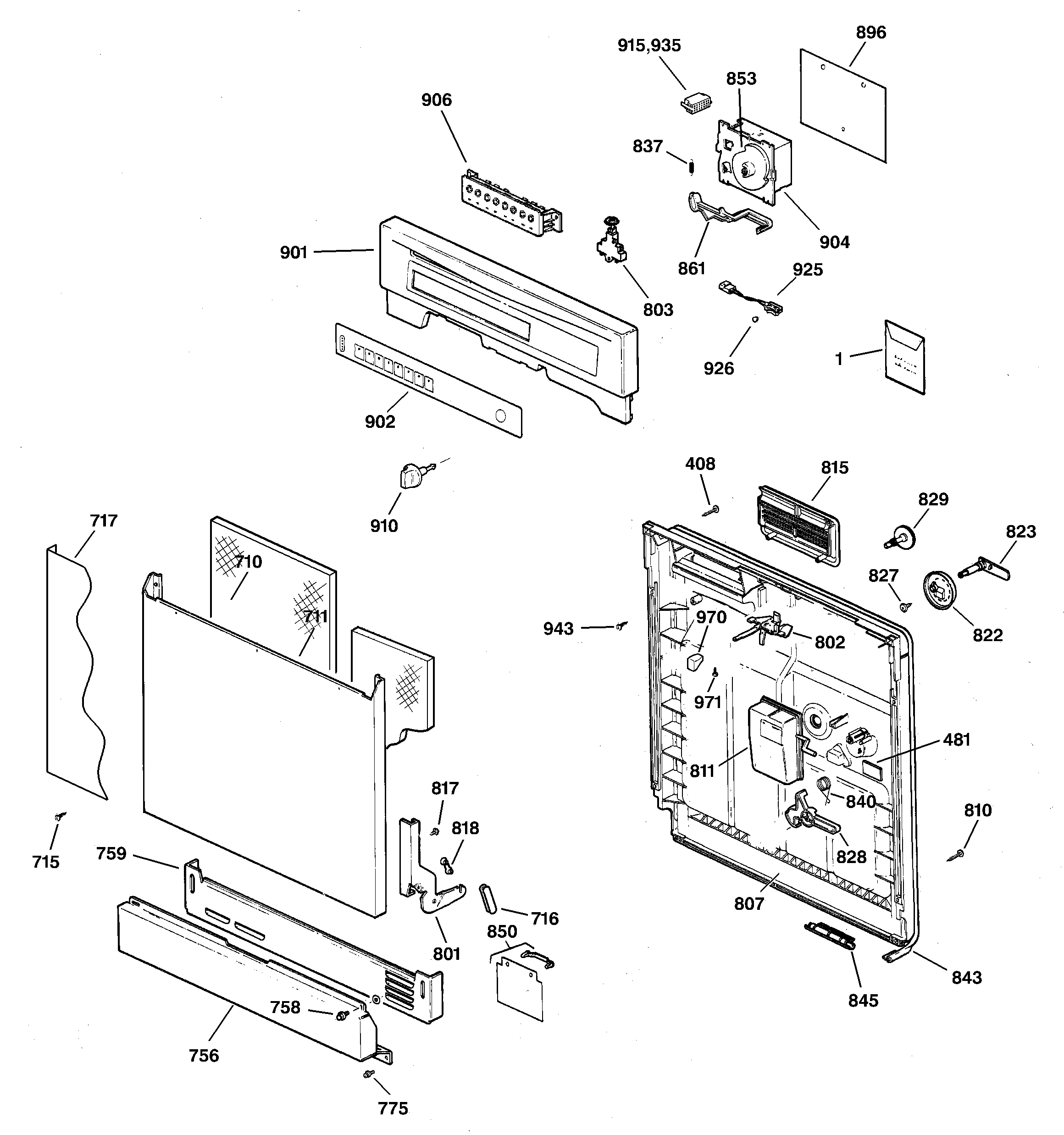 GE GSD3932F00WW escutcheon & door assembly diagram
