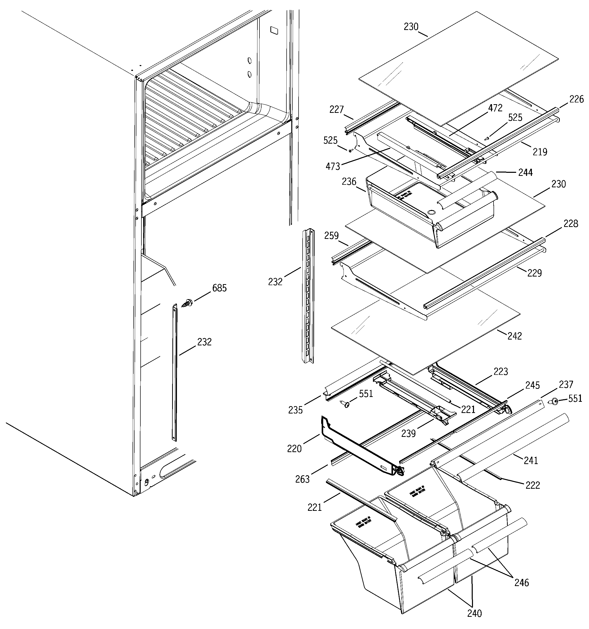 Hotpoint HTS18GCMCRCC fresh food shelves diagram