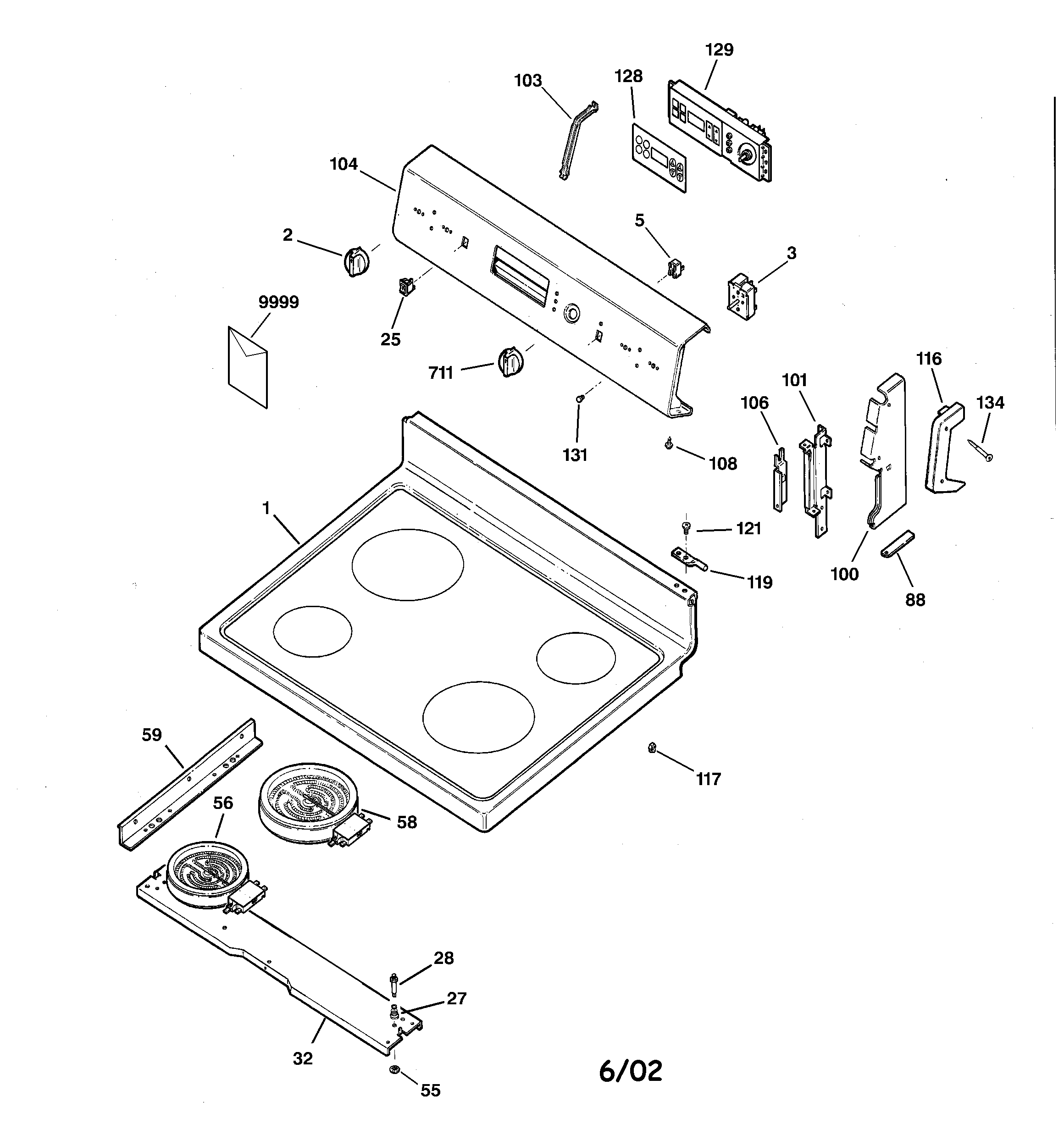Hotpoint RB787WC4WW control panel & cooktop diagram