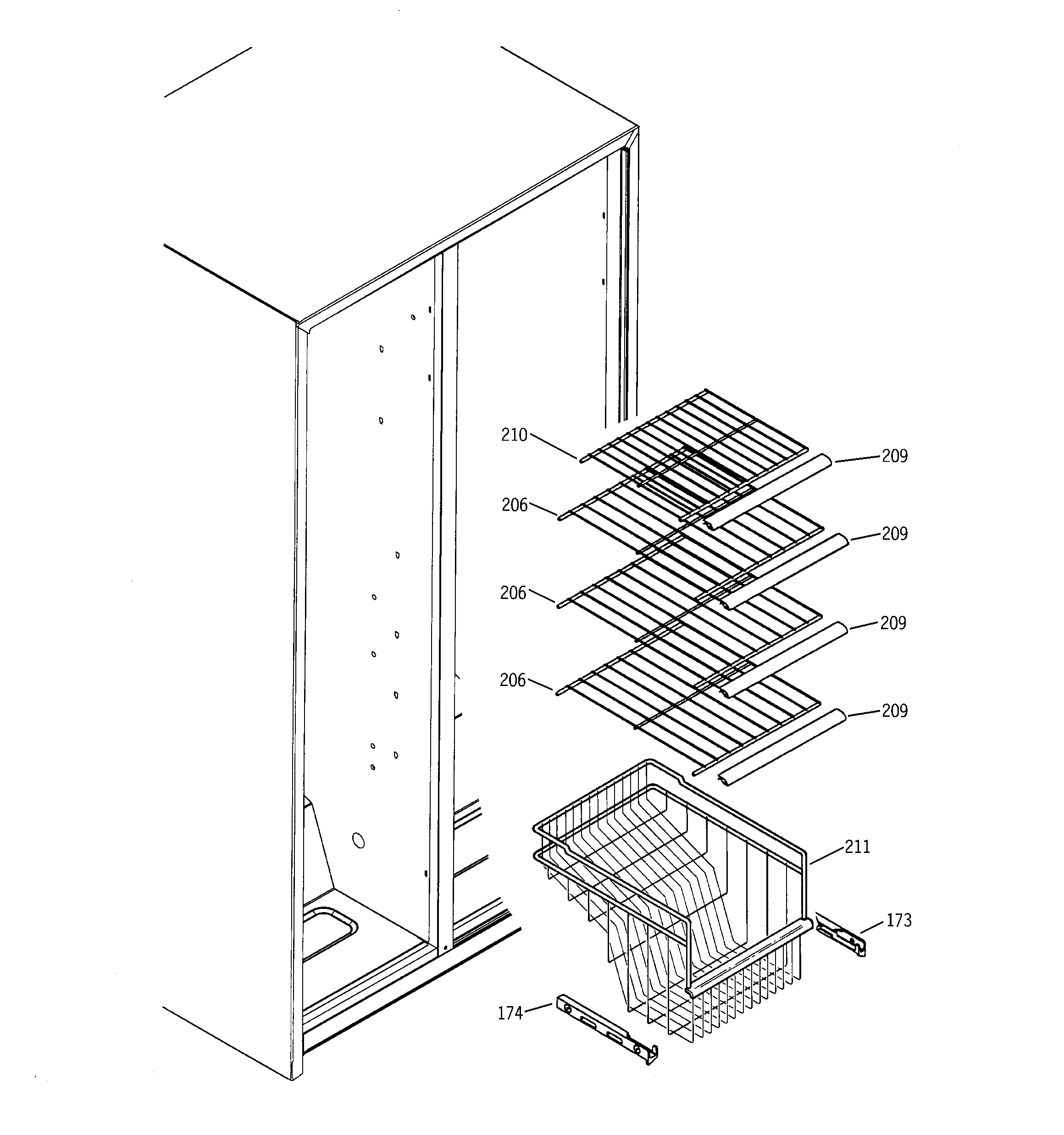 RCA RSG25KEMBFWW freezer shelves diagram