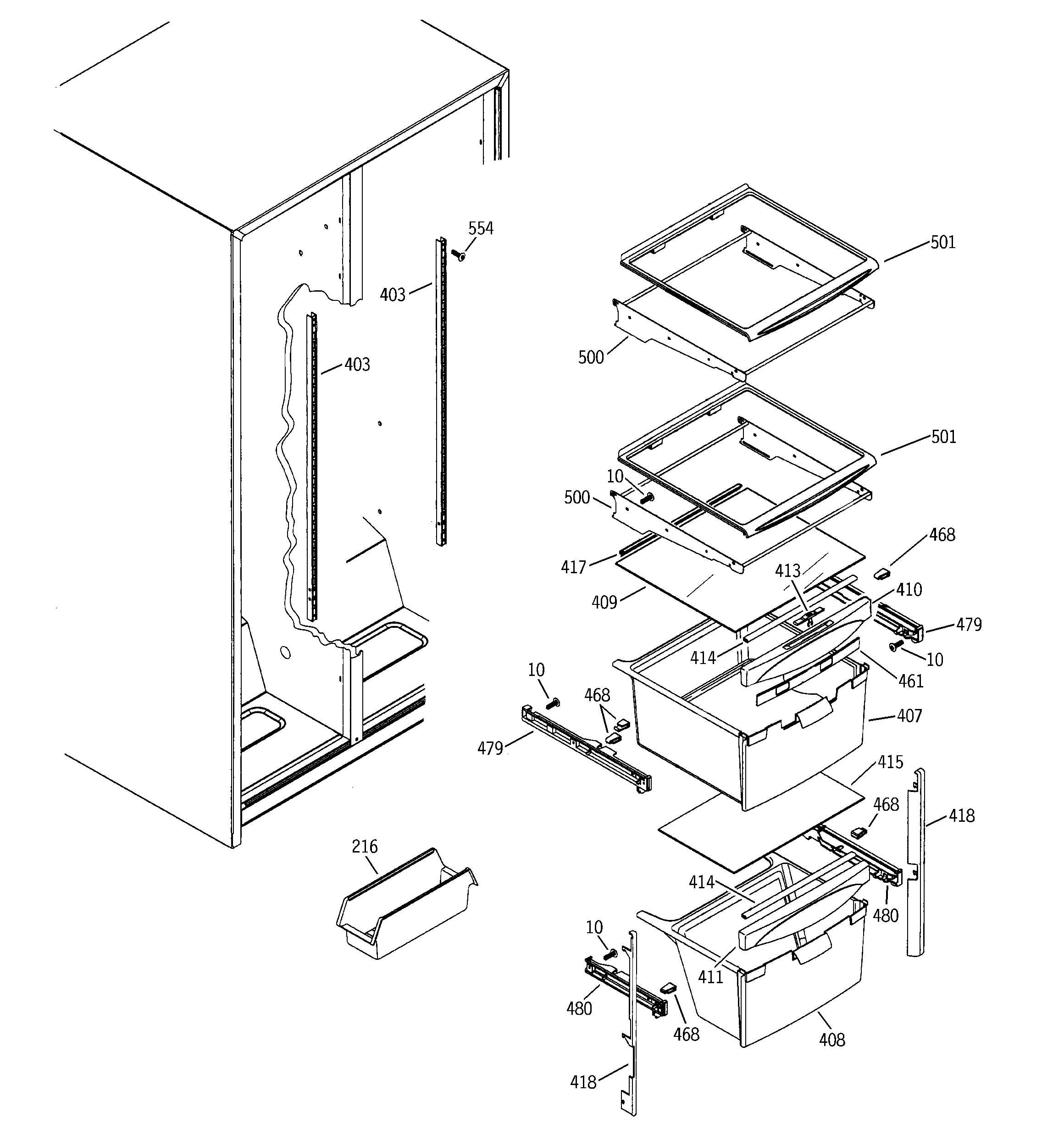 RCA RSG25KEMBFWW fresh food shelves diagram