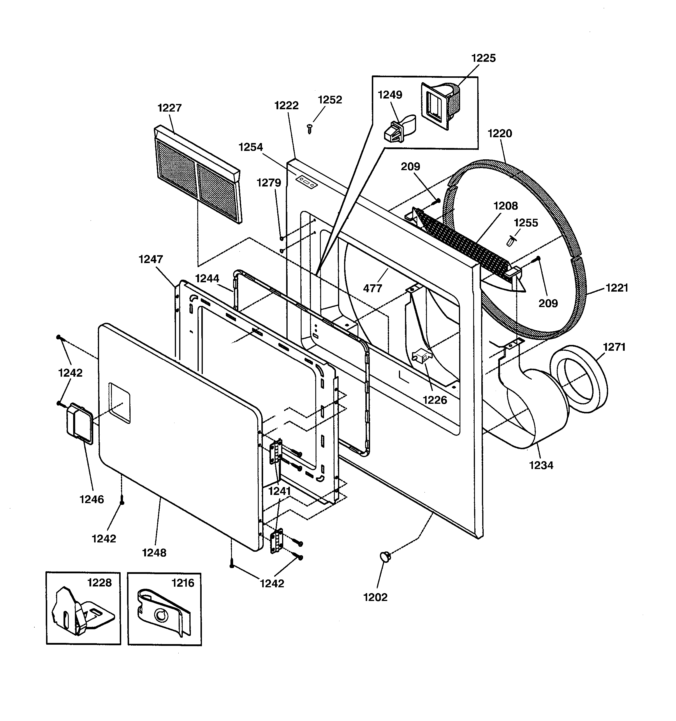 GE DCB330GB1KC front panel & lint filter diagram