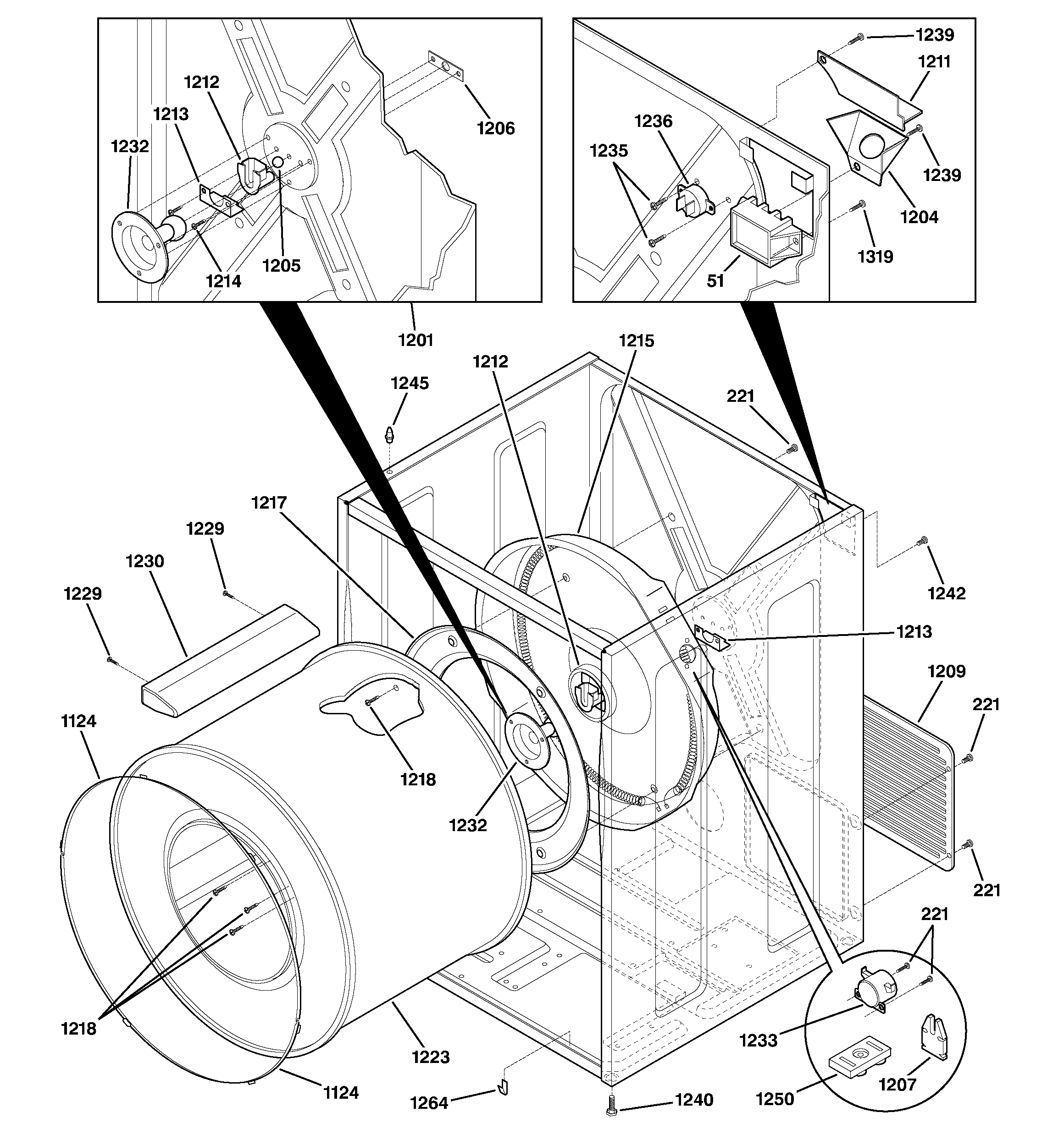 Hotpoint NVL333EB1CC cabinet & drum diagram