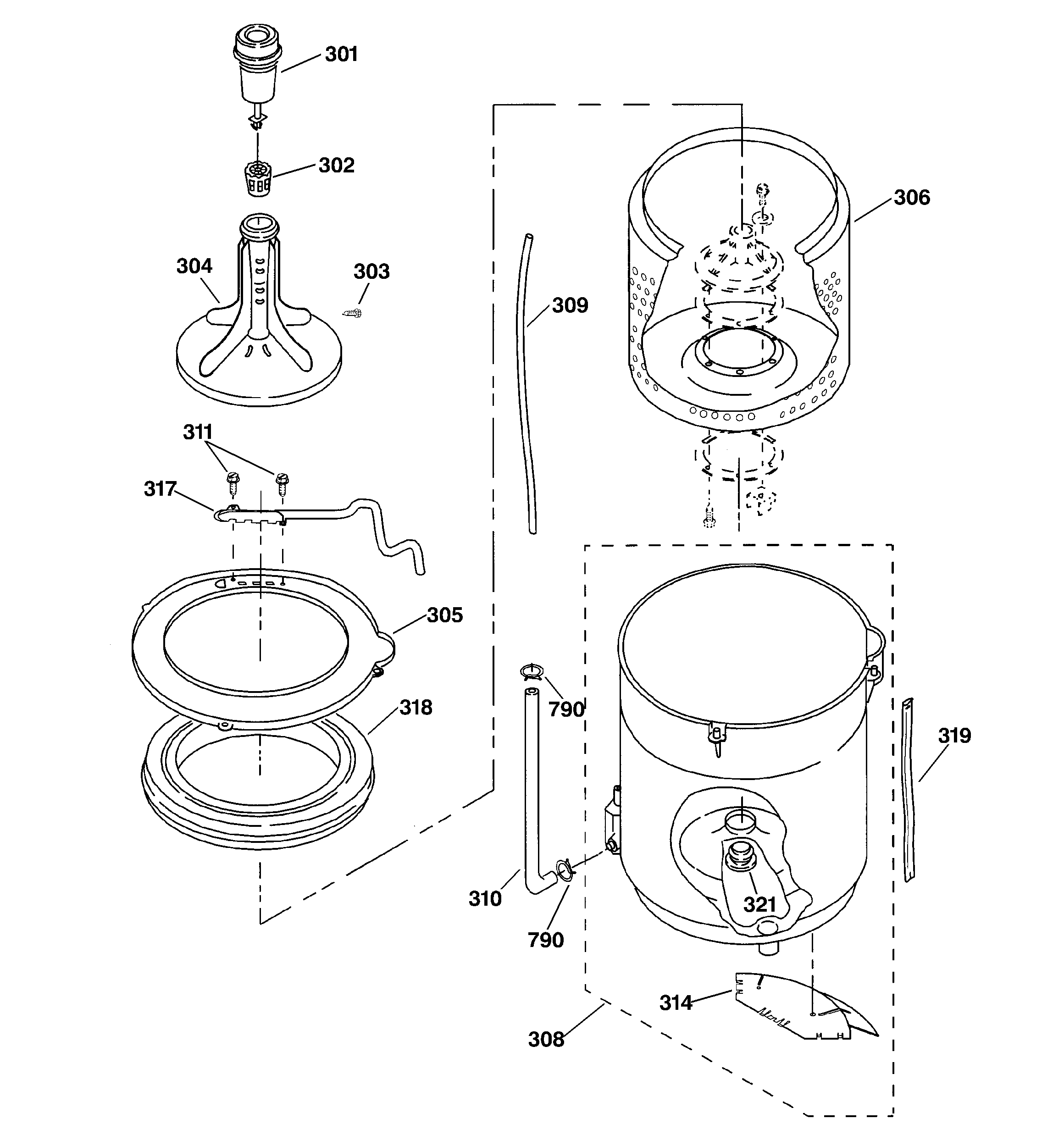 GE WSKP2060W1WH agitator, basket & tub parts diagram