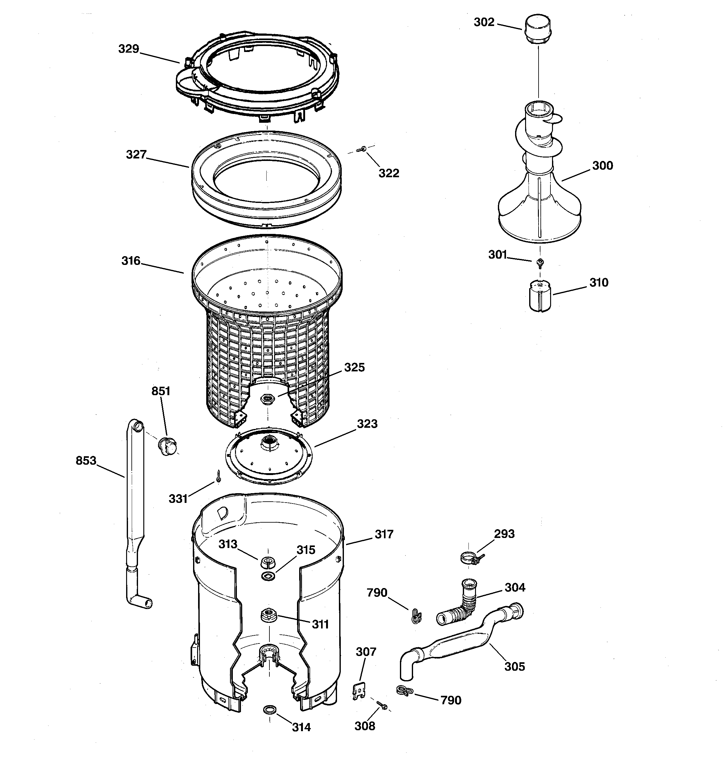 GE WBSE3120B3WW tub, basket & agitator diagram