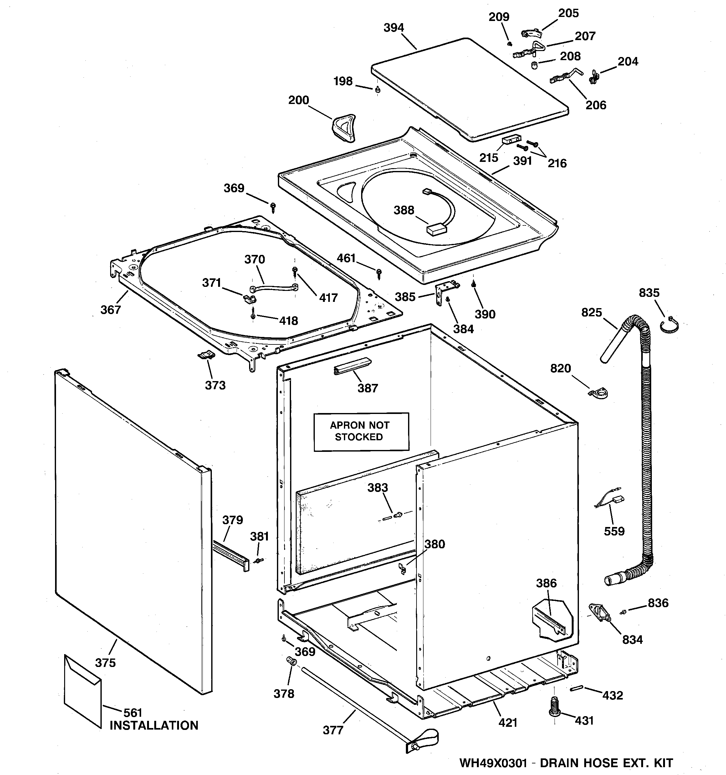 GE WWSE5200B3WW cabinet, cover & front panel diagram