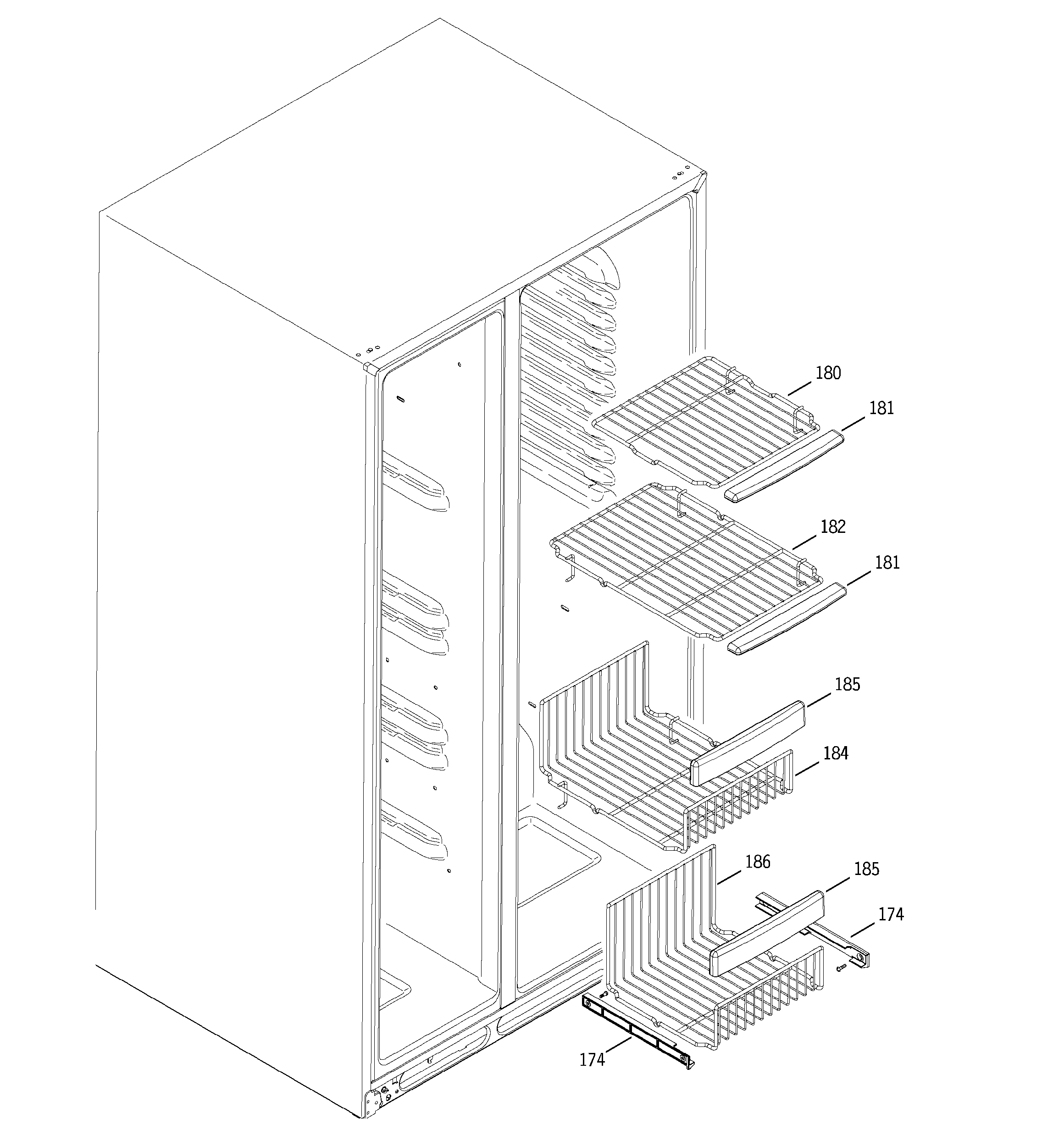GE GSS25PGMFBB freezer shelves diagram