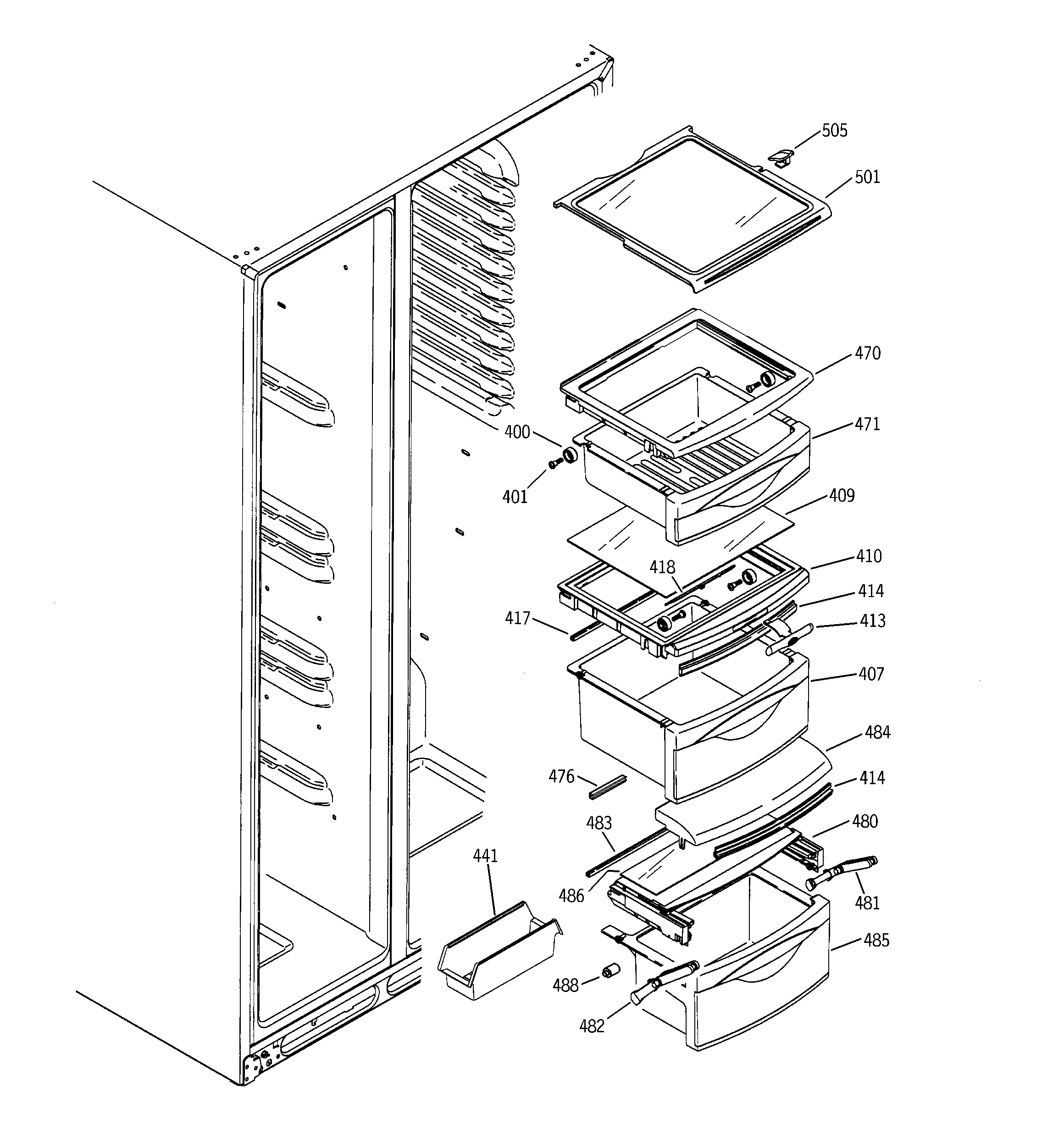 GE GSS25TGMFBB fresh food shelves diagram