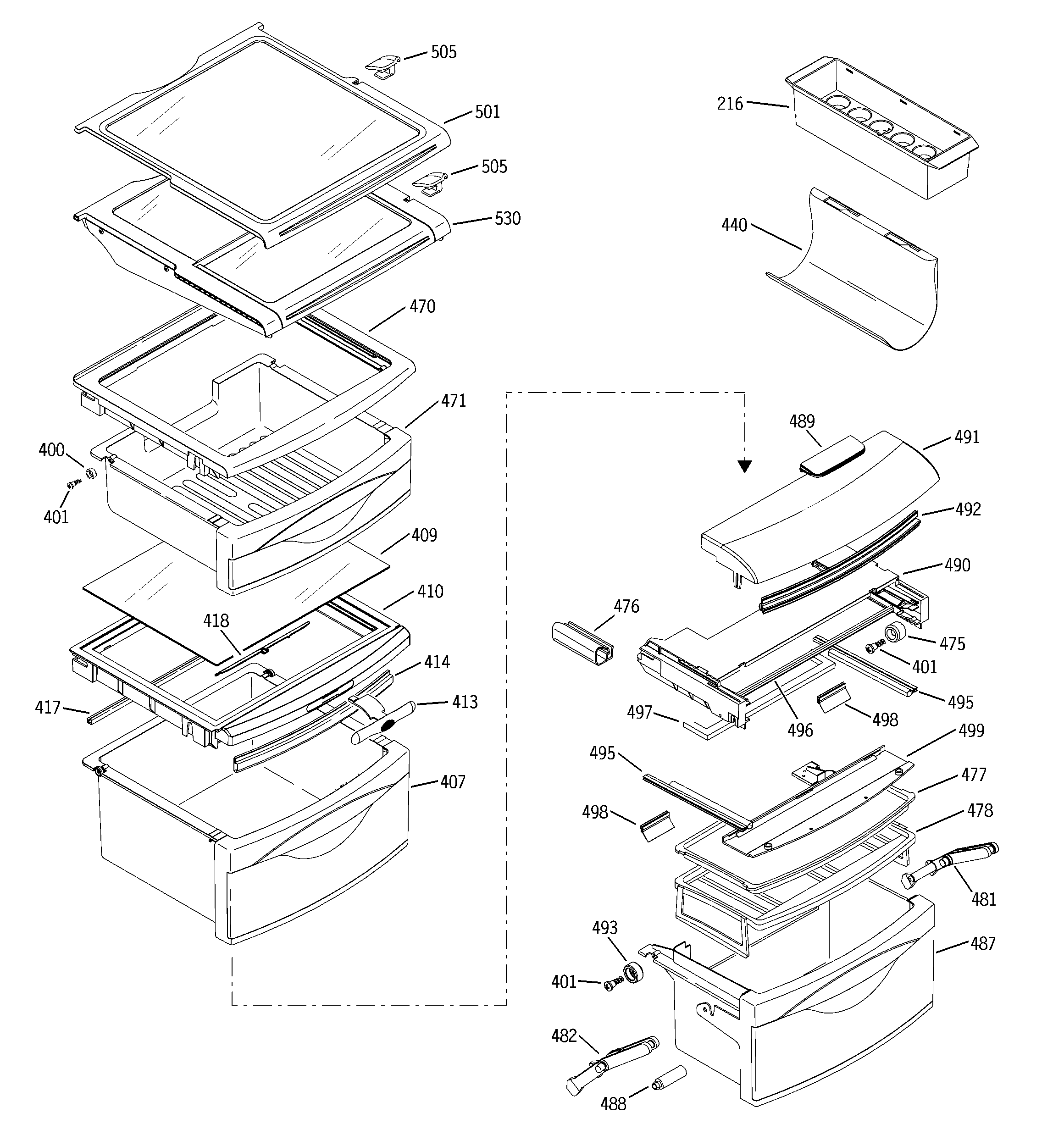 GE PCG23NHMFFWW fresh food shelves diagram