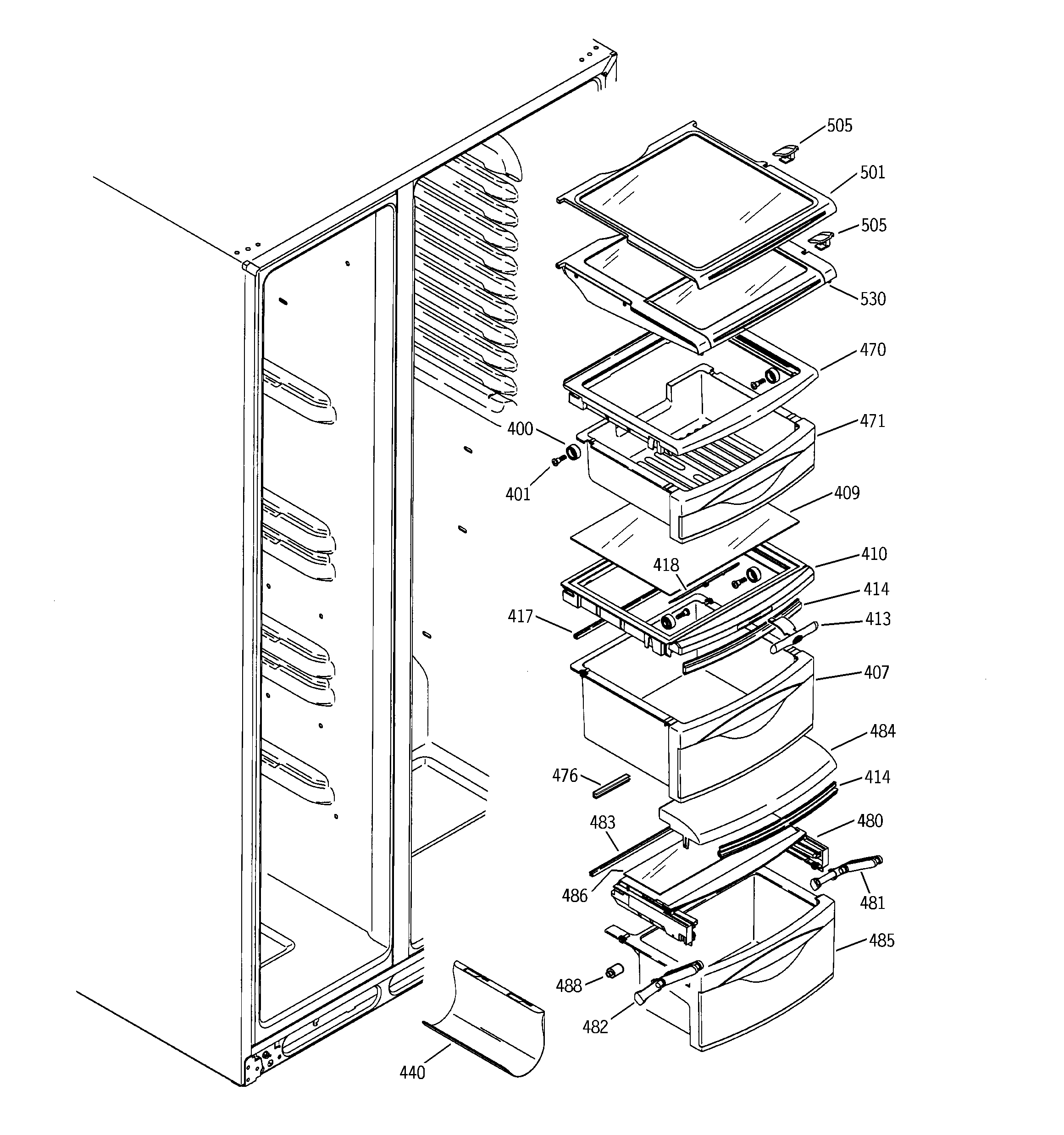 GE PSS25MGNAWW fresh food shelves diagram