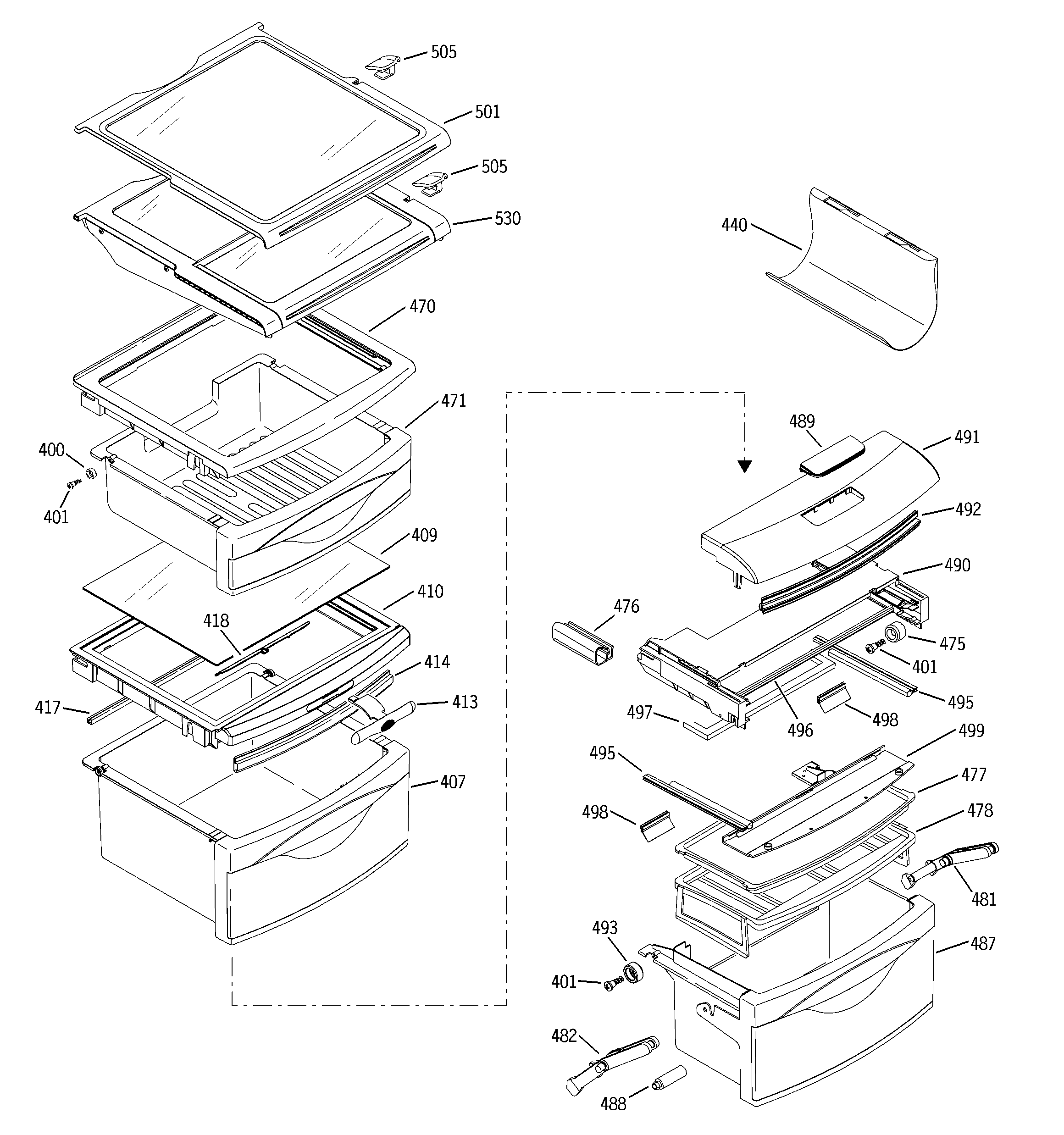 GE PSS27NGNACC fresh food shelves diagram