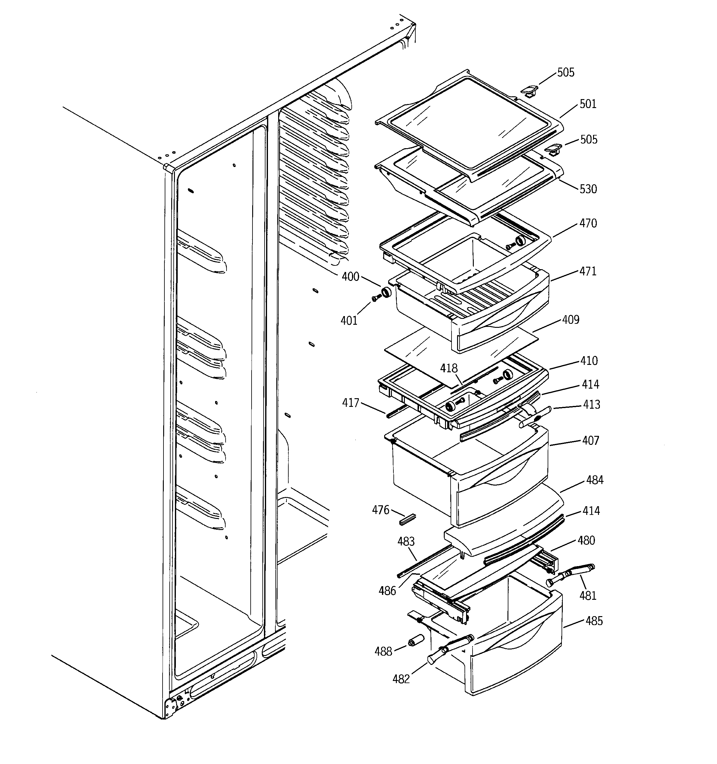 GE ESS25LGNABB fresh food shelves diagram