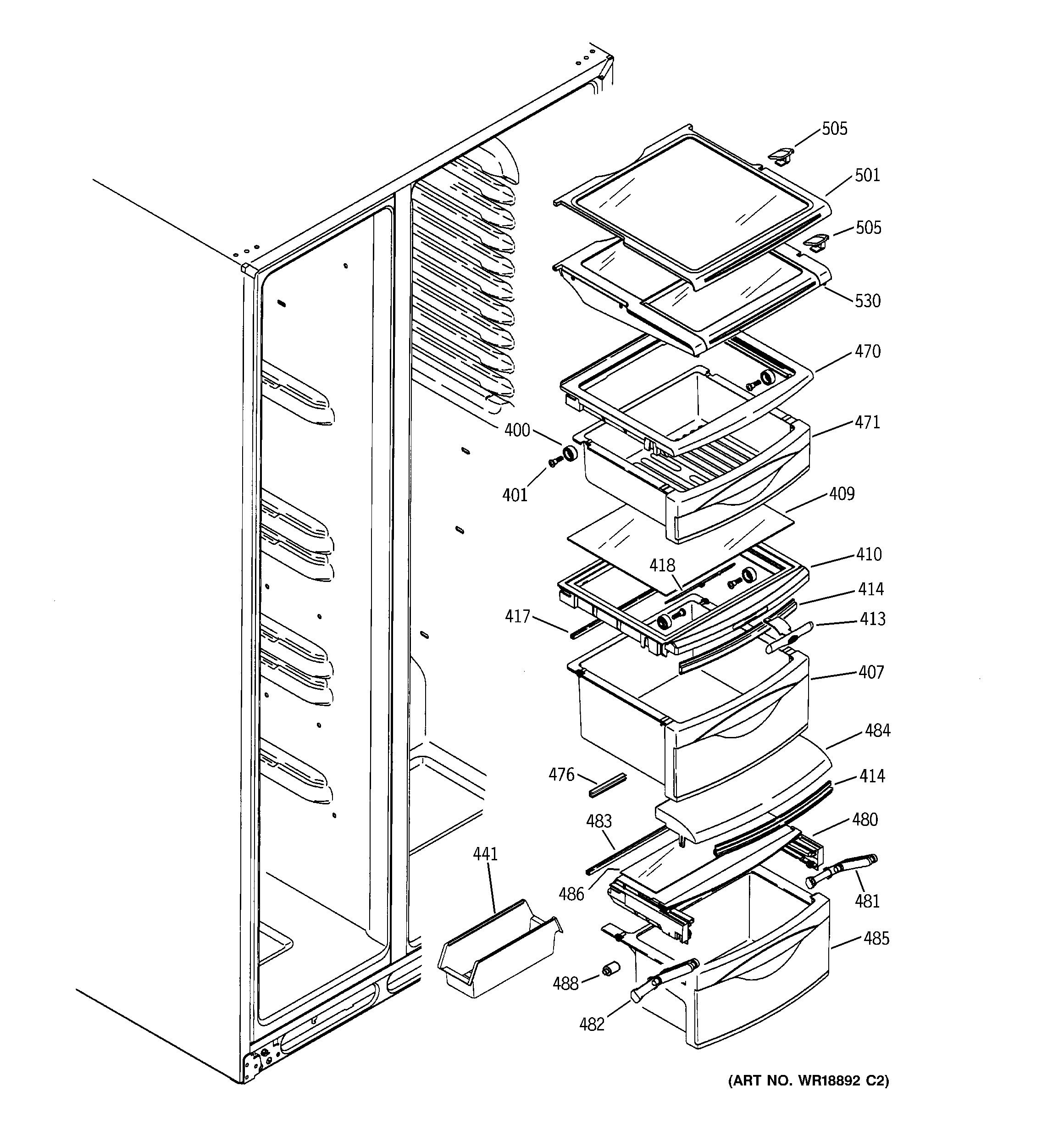 GE GSS25LGMFCC fresh food shelves diagram