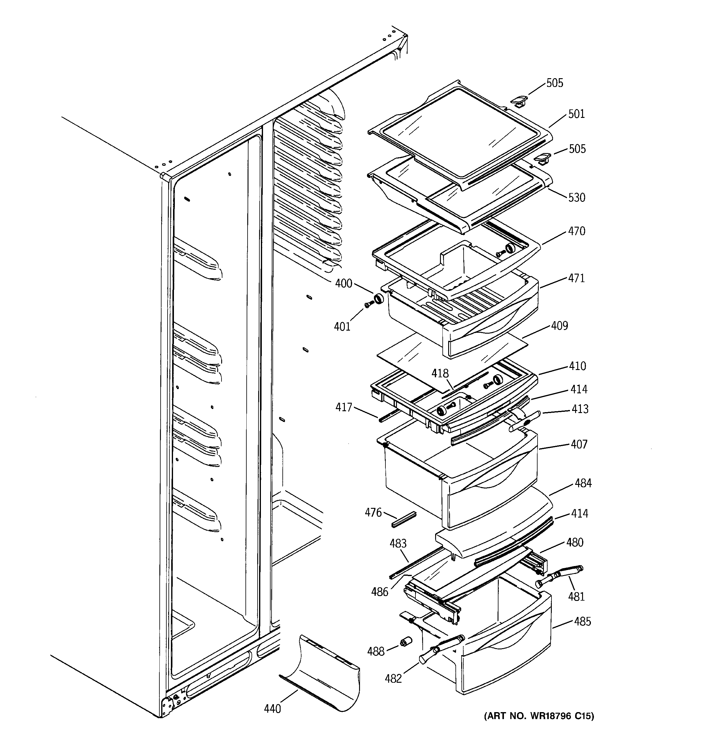 GE PSC23MGNACC fresh food shelves diagram