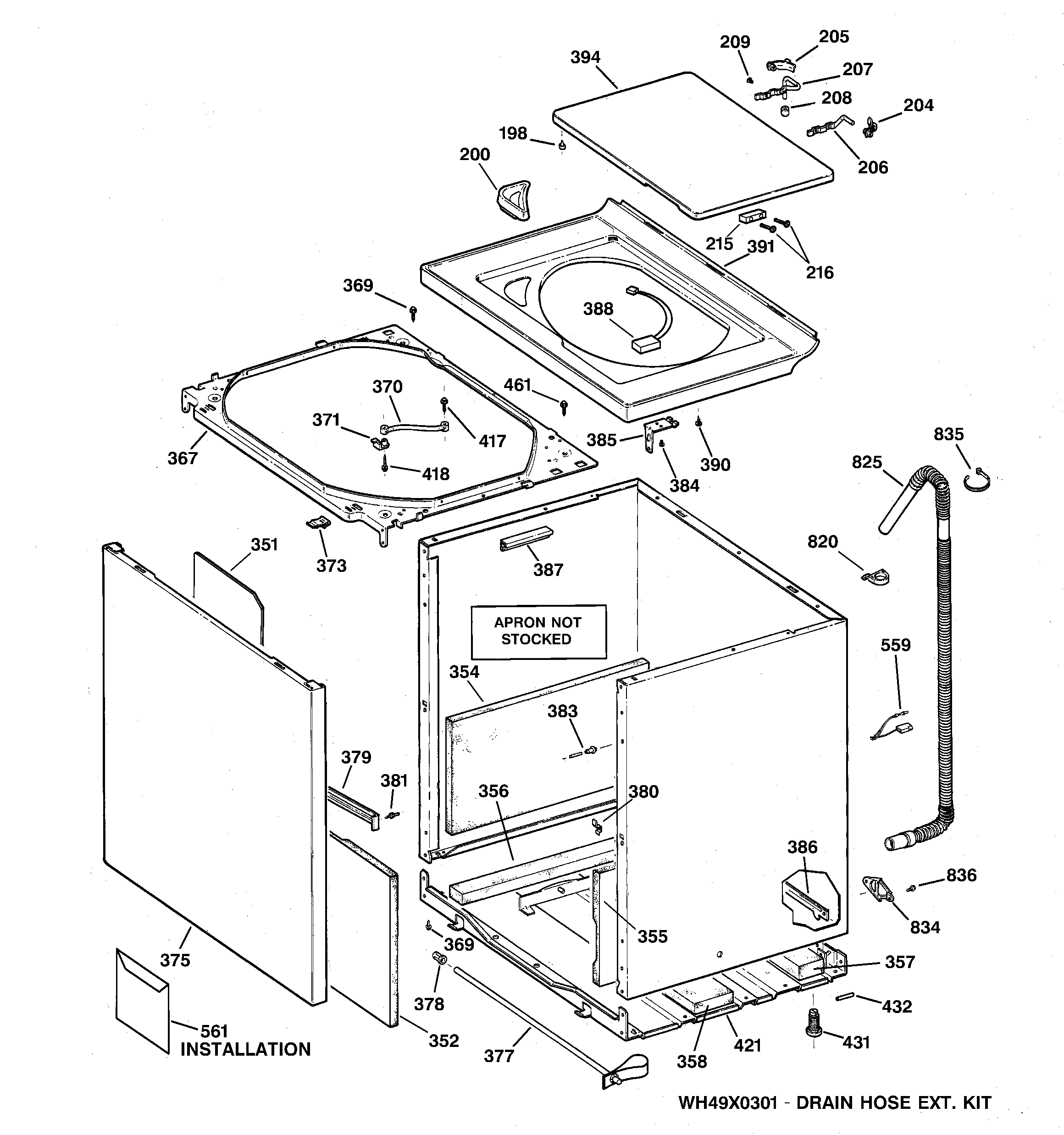 GE WBSE6210B1WW cabinet, cover & front panel diagram