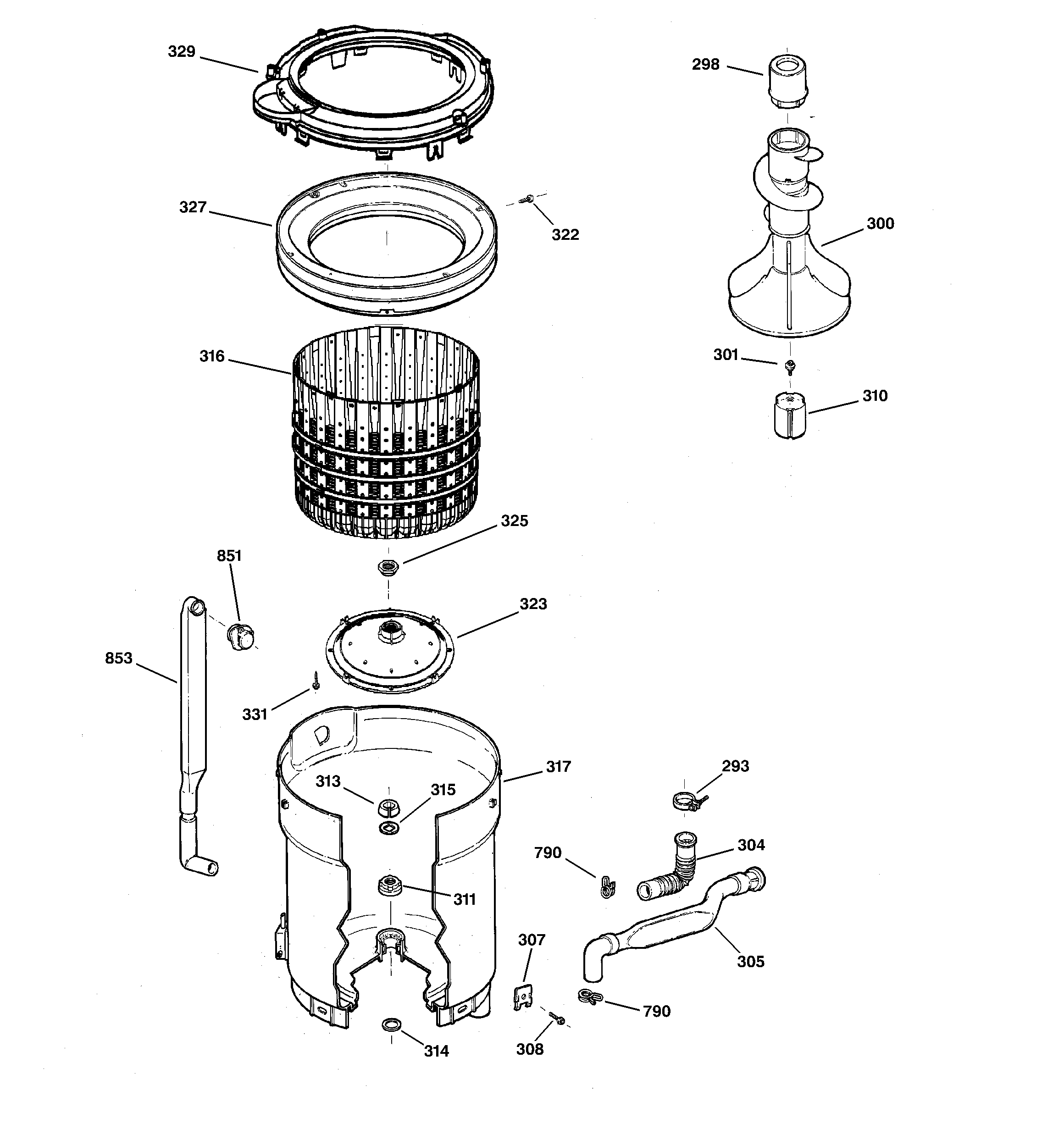 GE WNSB8060B1CC tub, basket & agitator diagram